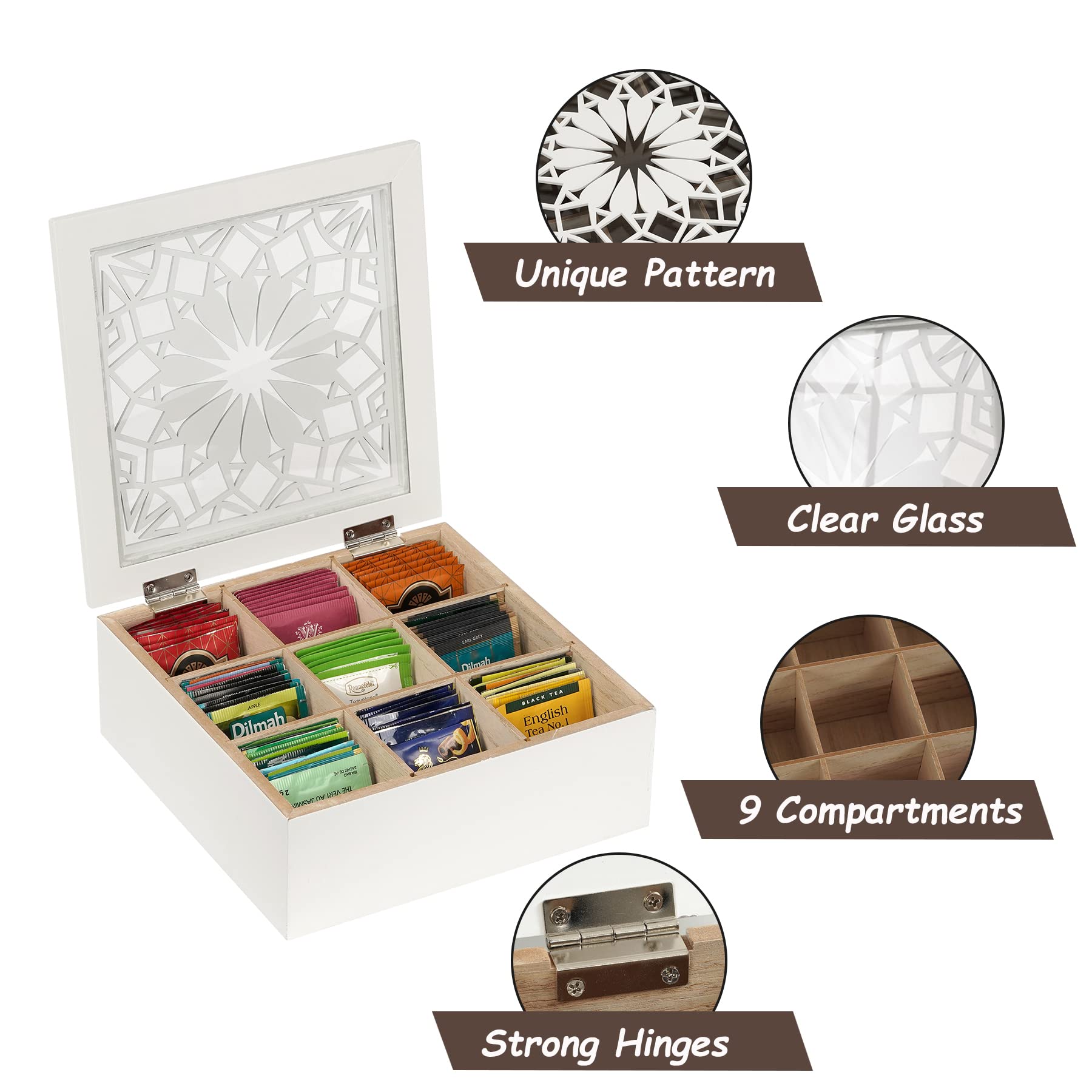 Handrong Tea Box Tea Bag Organizer Wooden Tea Bag Holder Modern Tea Chest With 9 Compartments And Glass Cover For Home Tea Parti
