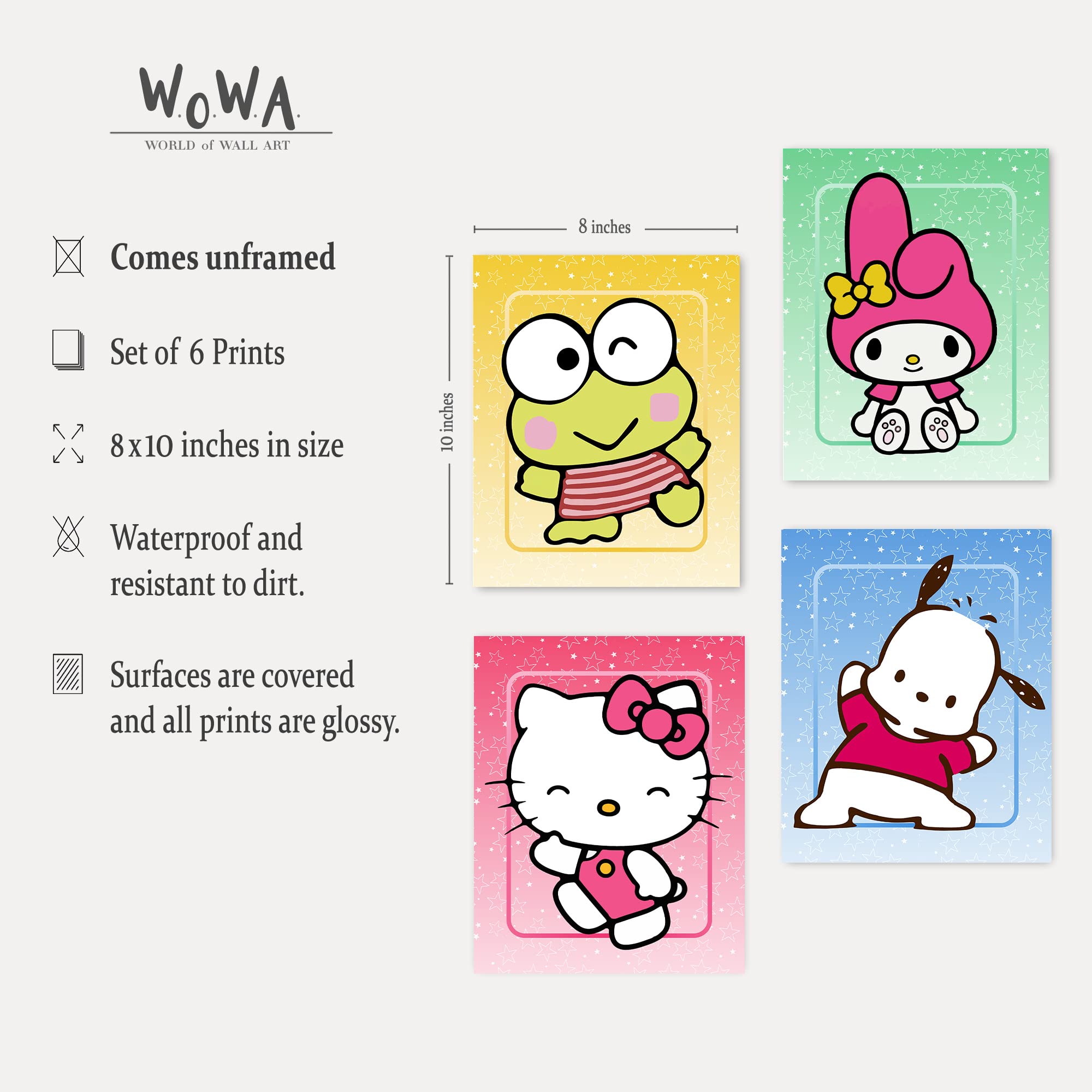 W.O.W.A - Hello Kitty Themed Nursery Decor For Baby Girls - Set Of 6 Vibrant Posters For Kids And Teens Bedroom (8''X10'', Unfra