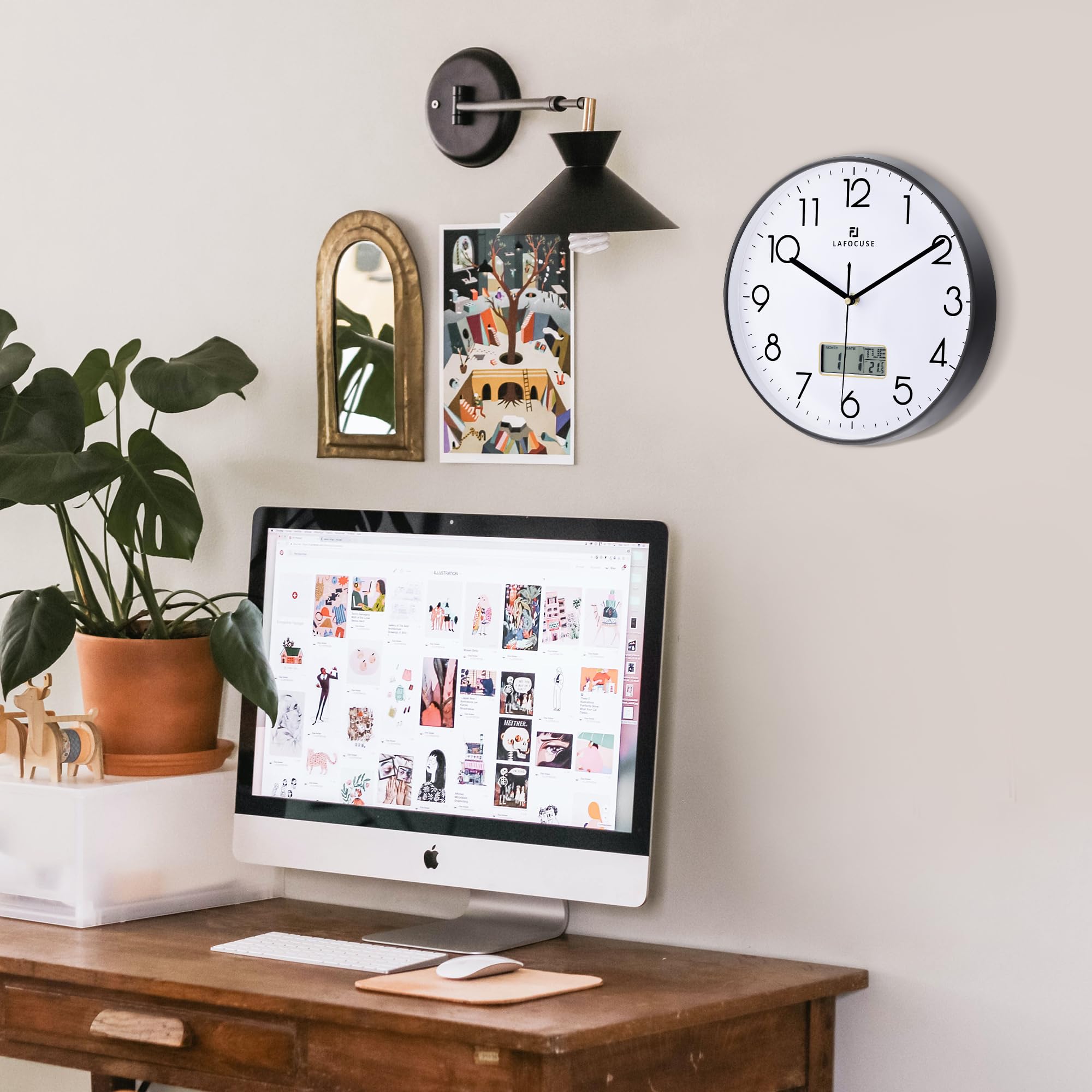 Lafocuse Black Wall clock with Date Month Day of Week and Temperature  Silent Non-Ticking Battery Operated clock for Living Room Bedroom Office Decor