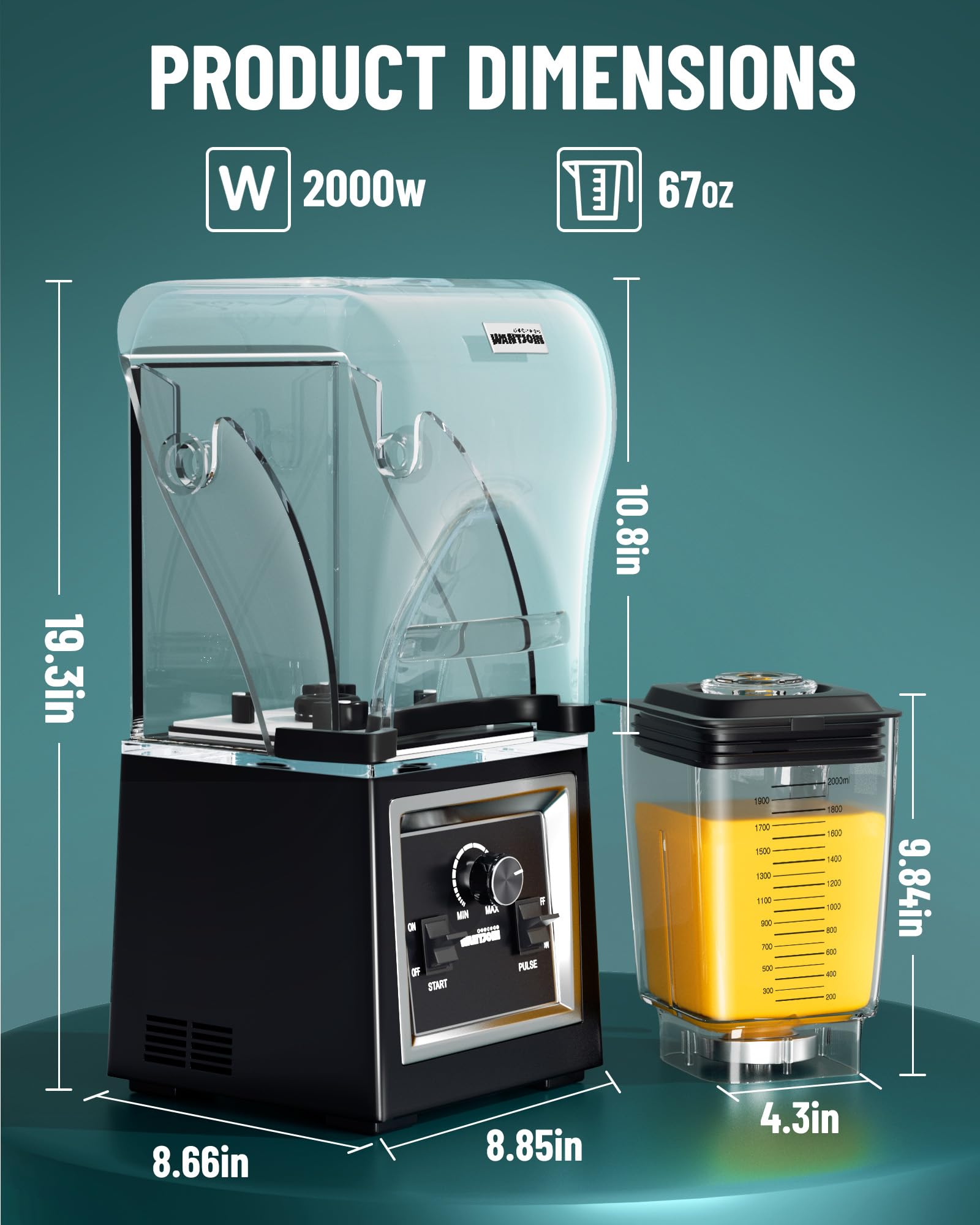 Wantjoin Professional Grade Blender - Soundproof & Quiet Commercial Blenders, Removable Shield, 2000W Watte, 67 Oz Capacity - Pe