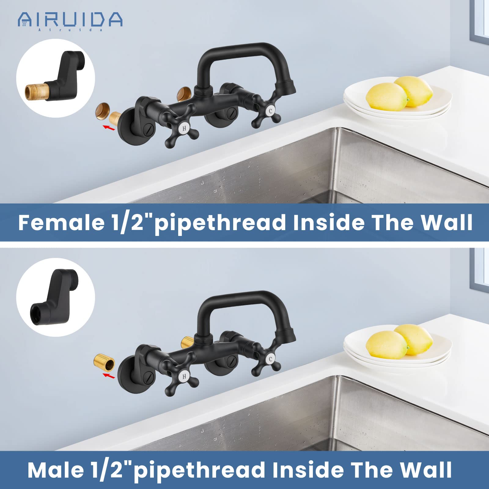 Airuida Matte Black Wall Mount Kitchen Faucet, 6 Inch(15Cm) Spout Wall Mount Laundry Sink Faucet, Adjustable Center Double Handl