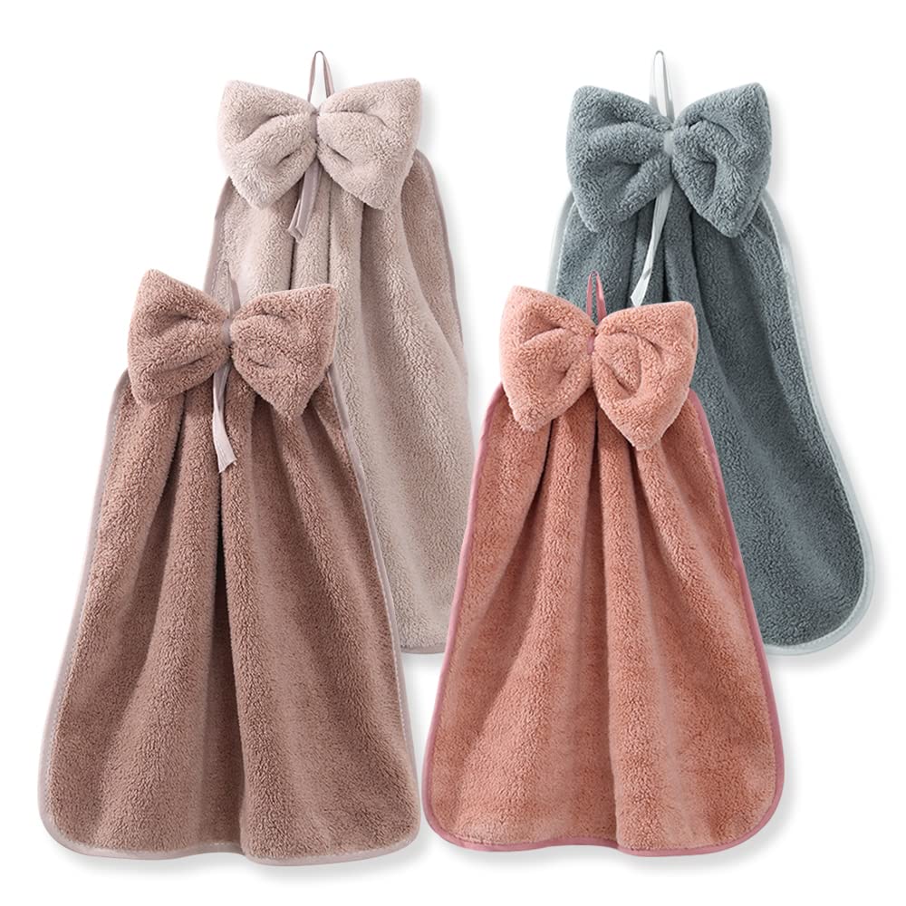 Fhdusryo 4Pcs Bowknot Hanging Hand Dry Towels, Microfiber Coral Velvet Hand Towels Hanging Loop, Absorbent Super Soft Cute Hand