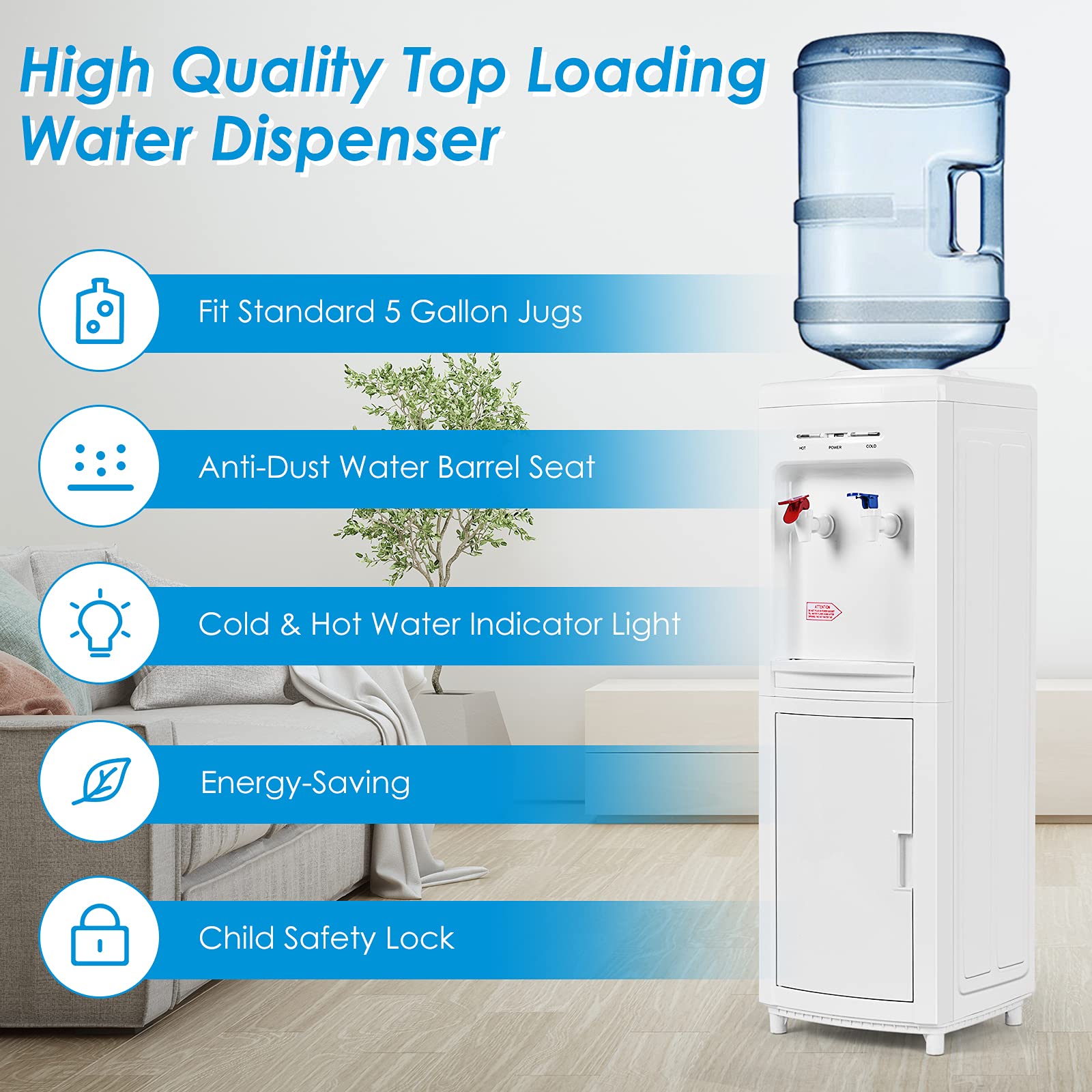 Goflame Water Cooler Dispenser Top Loading, Water Dispenser With Hot & Cold Water, Storage Cabinet, Child Safety Lock, Holds 3-5