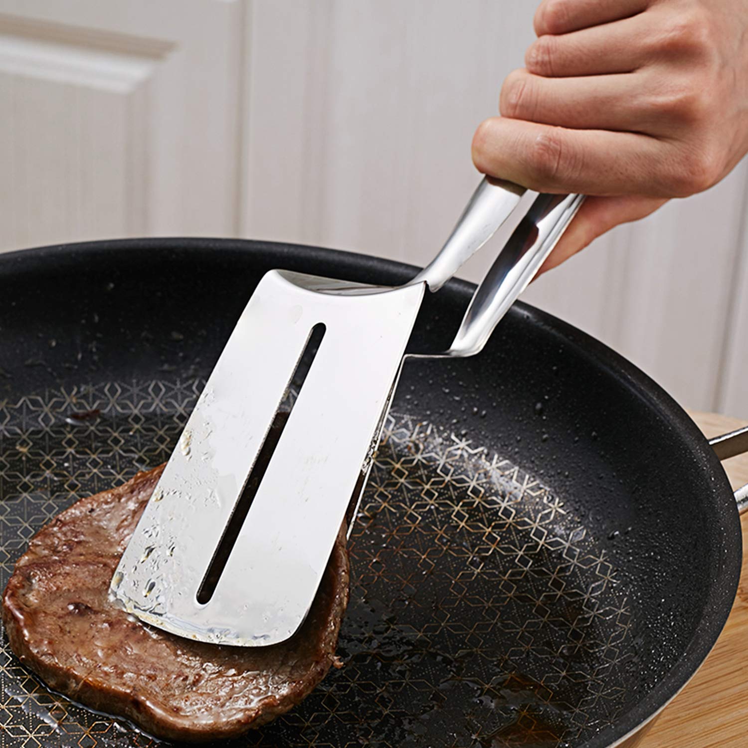 Aoosy Steak Clamps, 3-In-1 Cooking Tong, Double Sided Spatula, 10 Inch Multifunctional Stainless Steel Food Flipping Spatula Ton