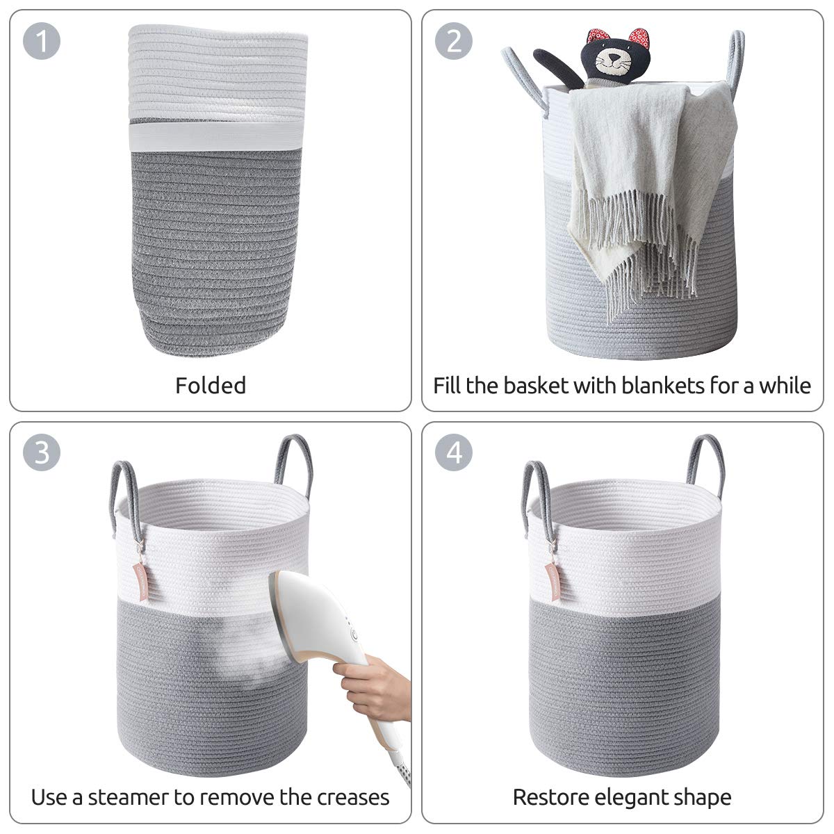 cotton Rope Laundry Hamper by YOUDENOVA  58L - Woven collapsible Laundry Basket - clothes Storage Basket for Blankets  Laundry Room Organizing  Bedroom Storage  clothes Hamper - grey & White