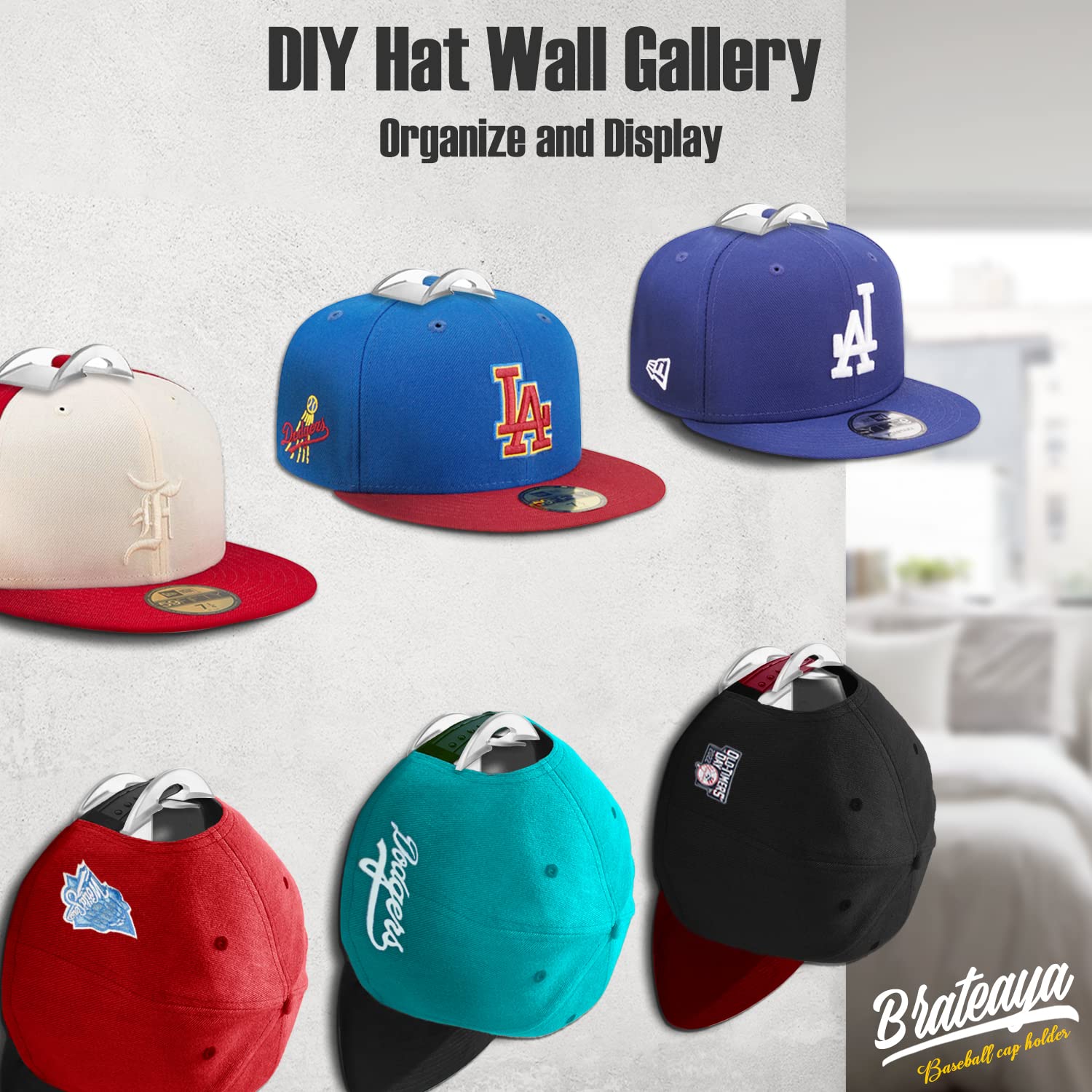 Brateaya Hat Hangers For Wall, No Drilling Caps Holder Organizer, Adhesive Hat Hooks For Hanging Hats, Wall Mounted Hat Rack For