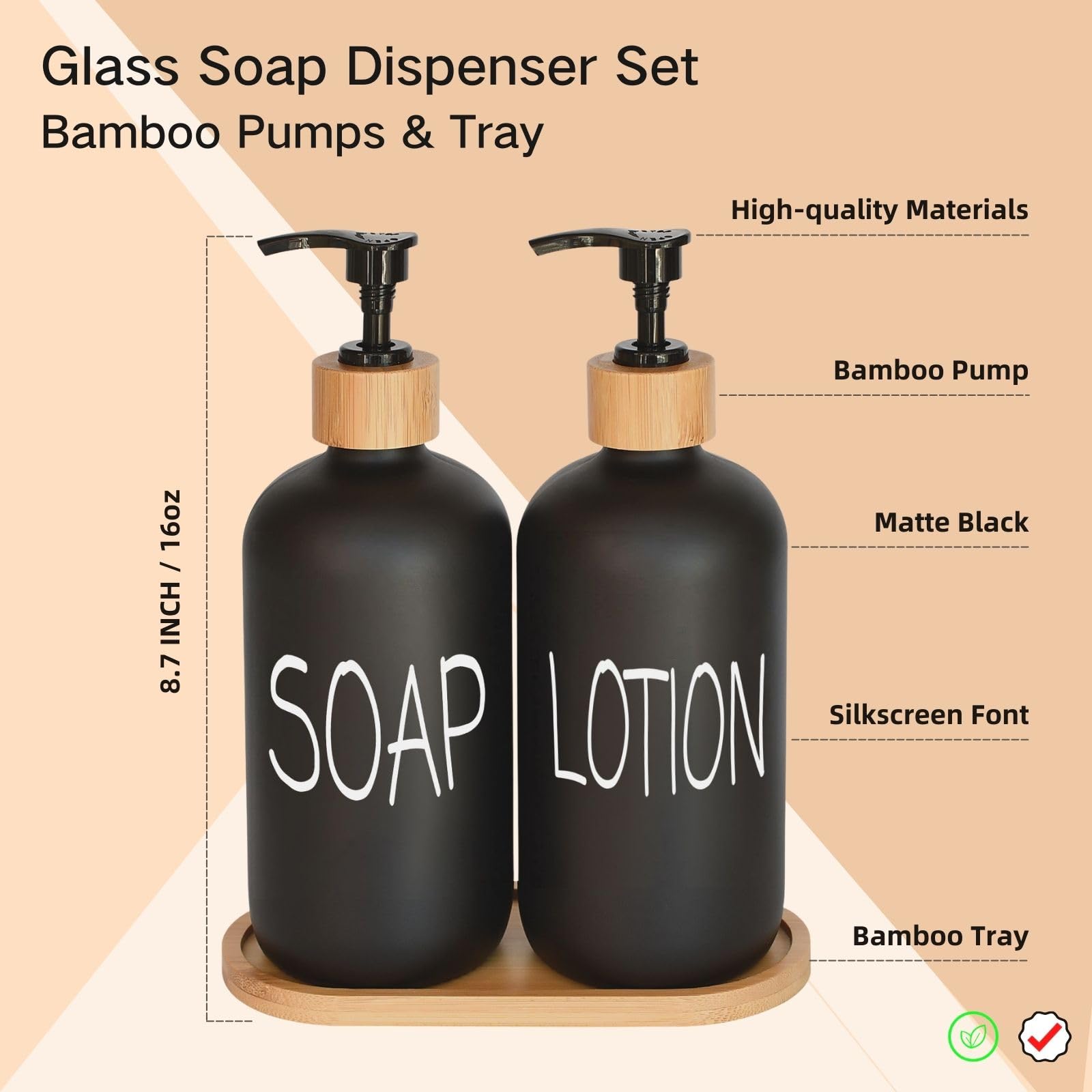 Black Soap Dispenser Bathroom Set, Set With Glass Dispenser, Bamboo Pumps & Tray. Hand And Lotion Suitable For Farmhouse Decor