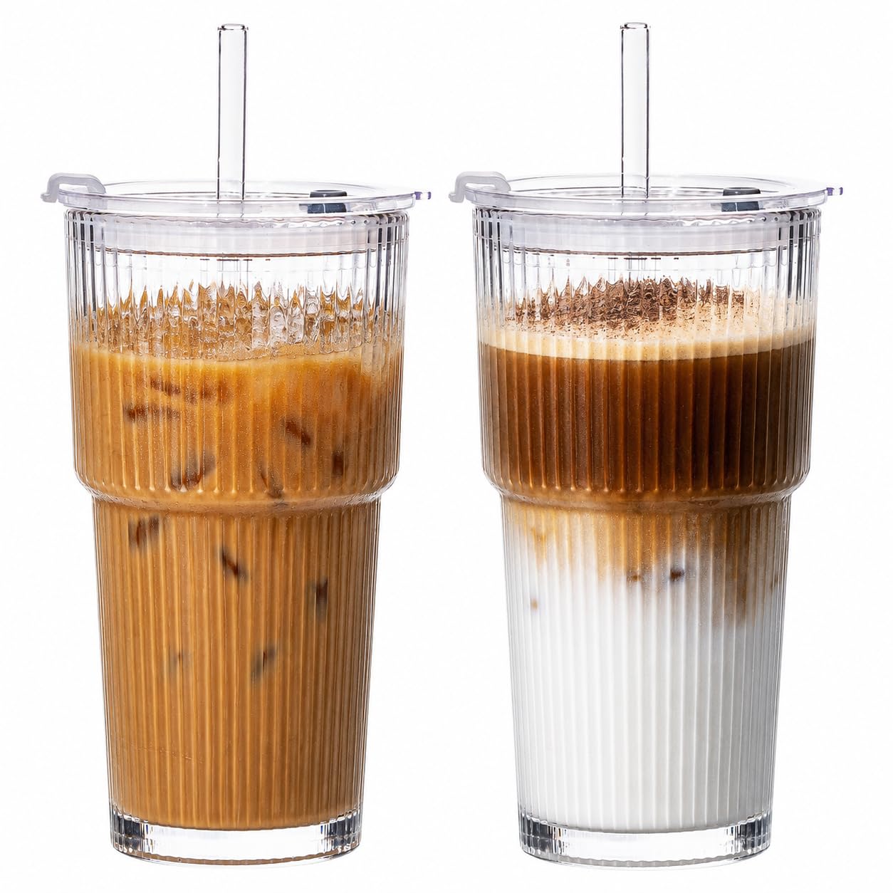 20oz Iced Coffee Cups with Lids, Glass Coffee Cups with Lids and Straws, 2P