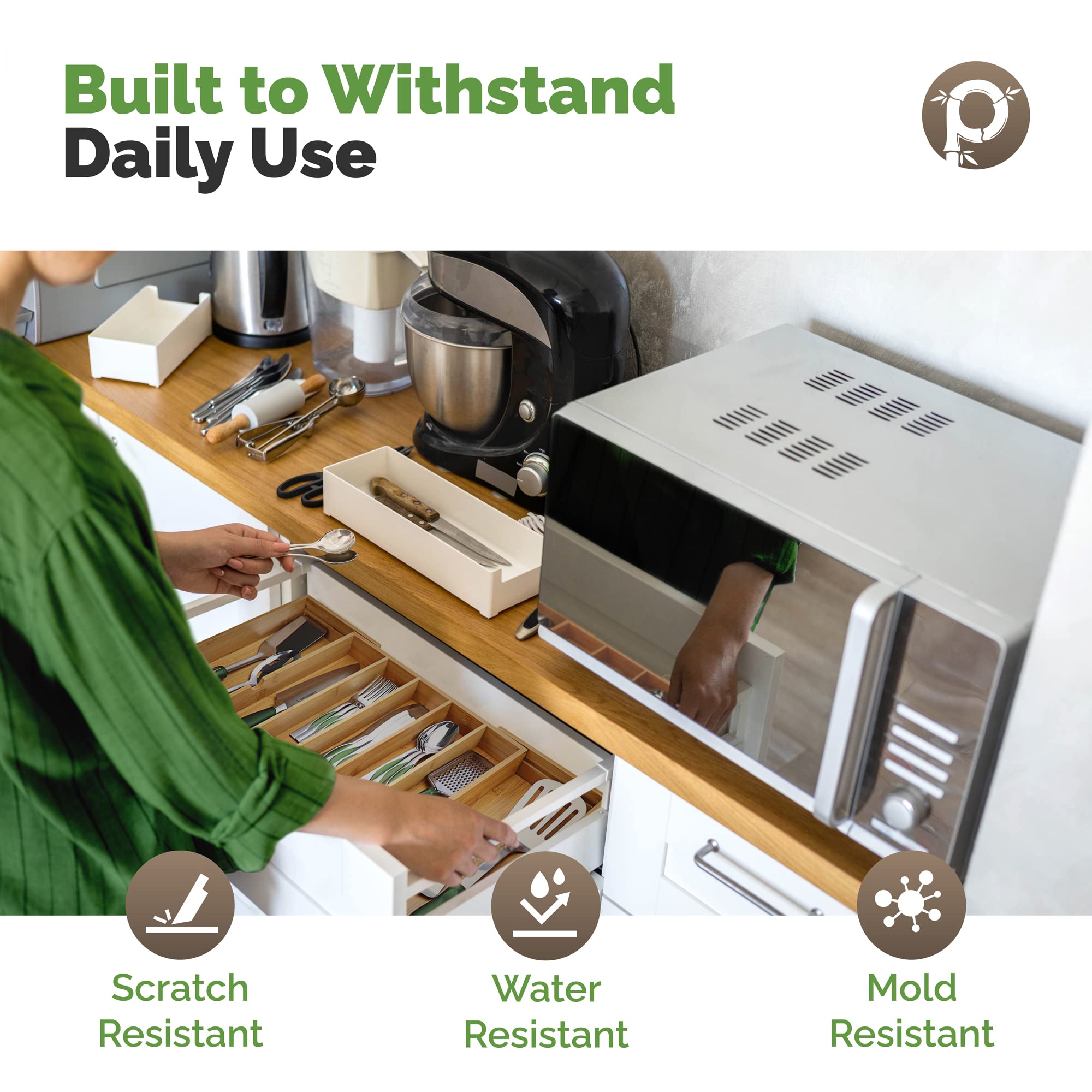 Pristine Bamboo Silverware Organizer - Expandable Kitchen Drawer Organizer - Adjustable Kitchen Drawer Organizer for Utensils  Expandable to 25 Inches Wide  10 Compartments  Silverware Tray for Drawer