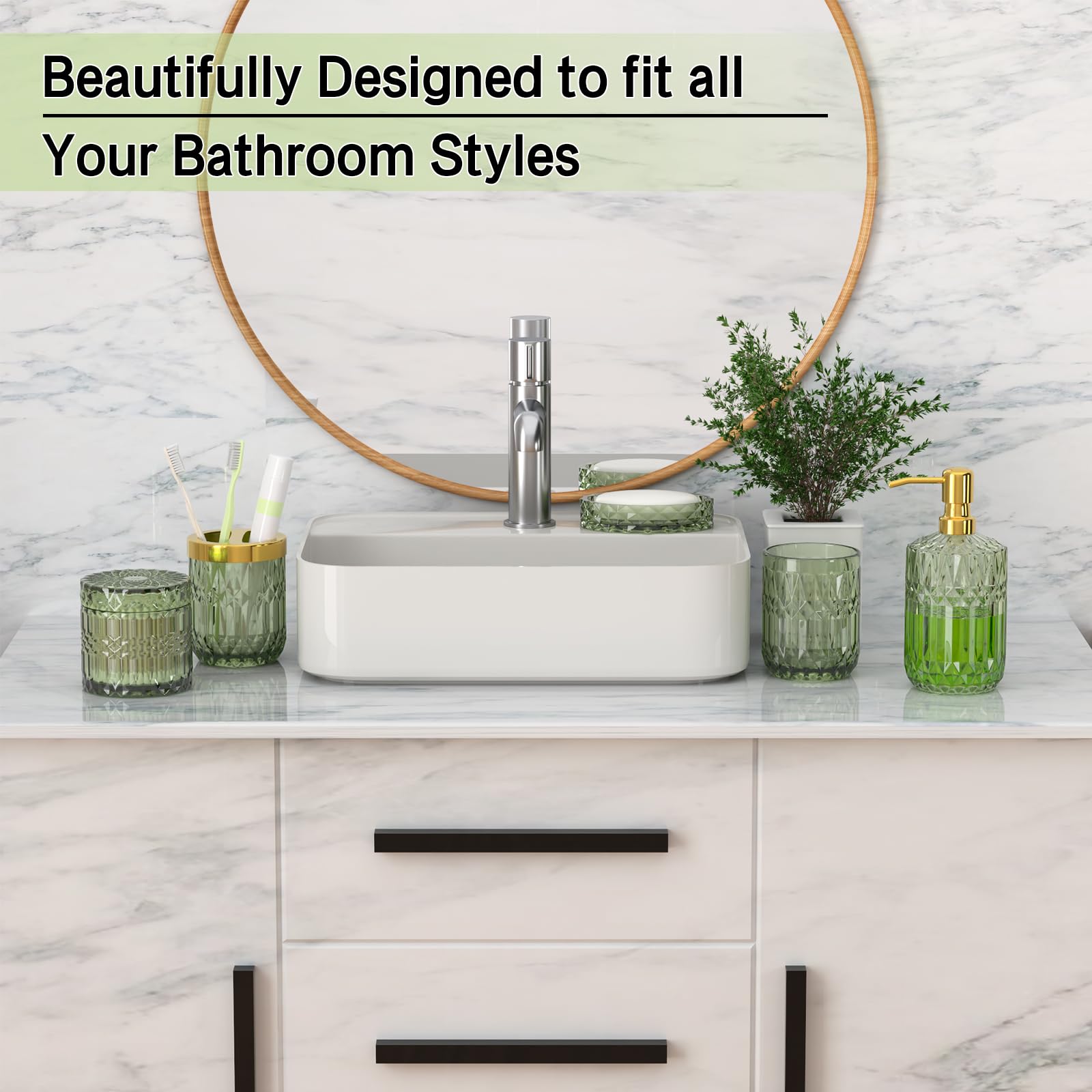 Green Bathroom Accessories Set, 5 Pcs Clear Glass Bathroom Accessories Sets With Lotion Soap Dispenser, Soap Dish, Toothbrush Ho