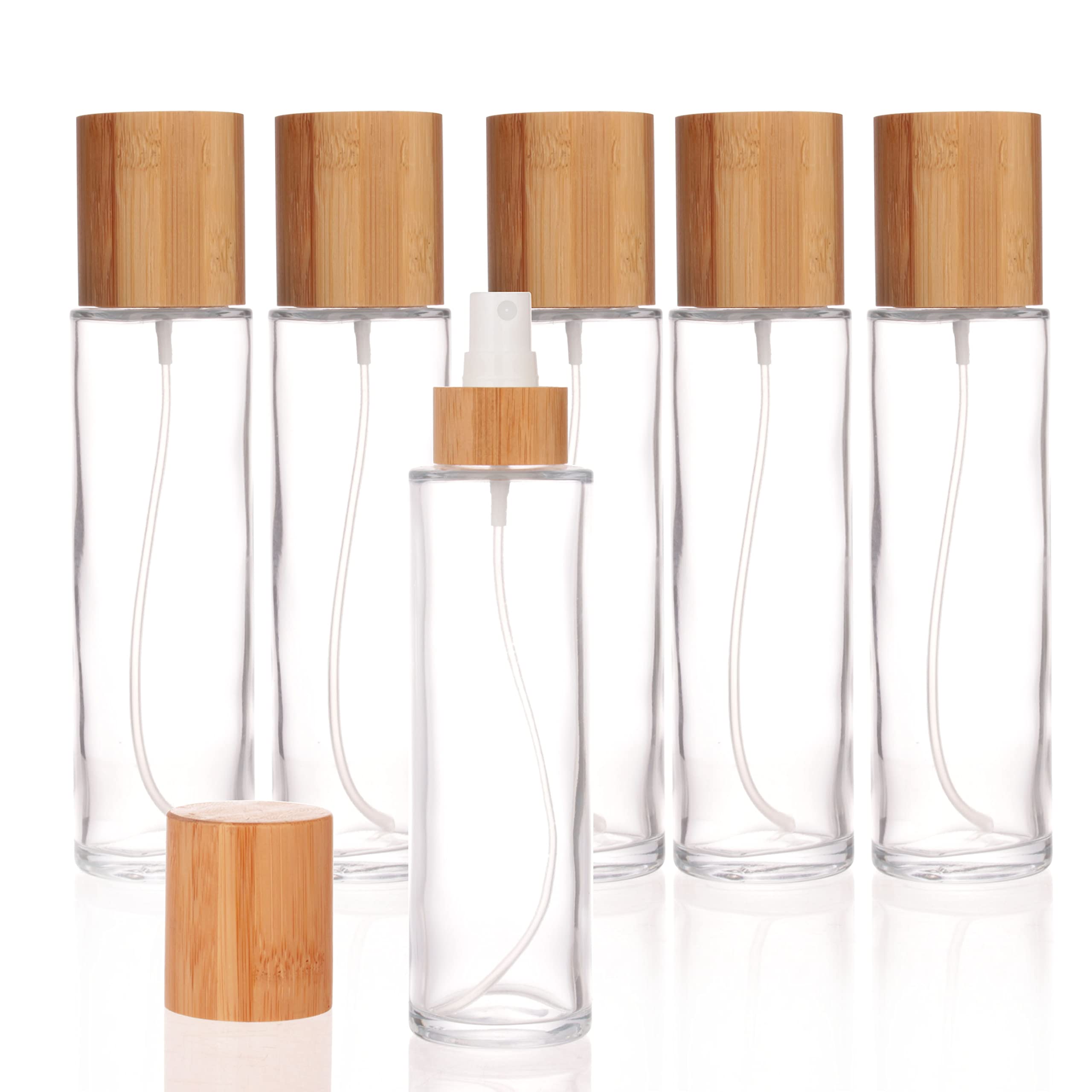 Cosidea 12 Pcs Empty 5Oz /150Ml Bamboo Lid Clear Glass Spray Bottle With Fine Mist Despenser Head For Liquid Perfume Toiletries