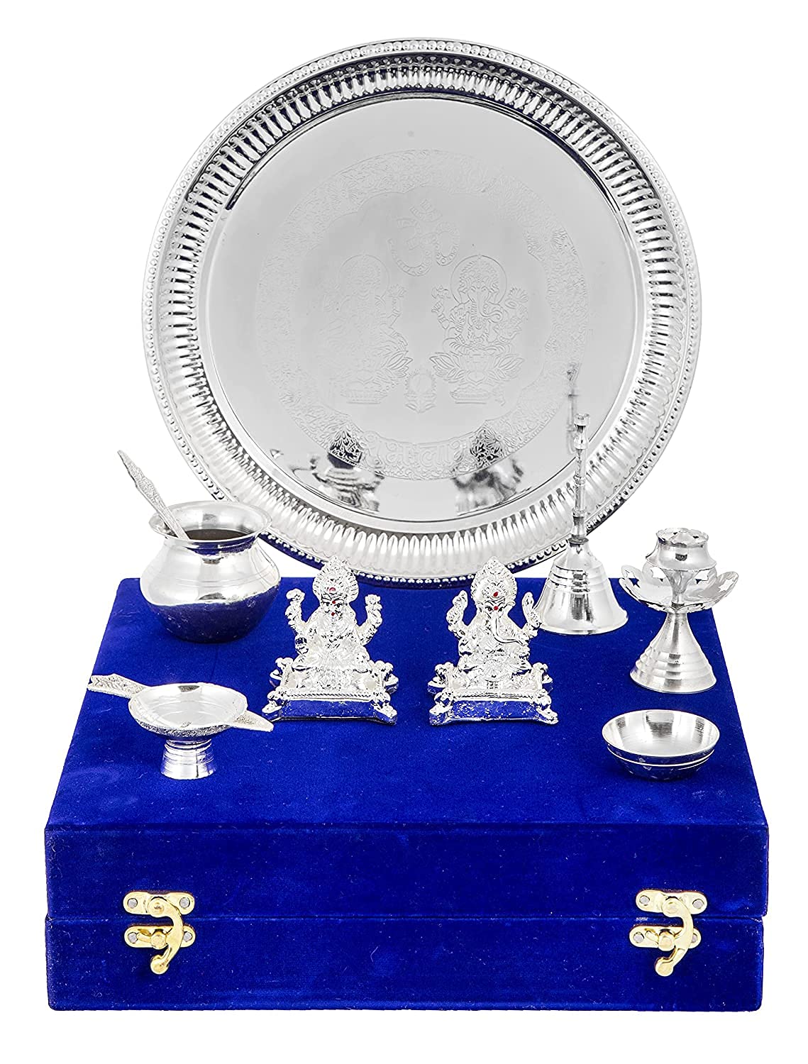 Giftcity Silver Plated Laxmi Ganesh Idol (Murti) With Pooja Thali Set Decorative Showpiece - 25 X 25 X 4 Cm (Polyresin, Brass, S