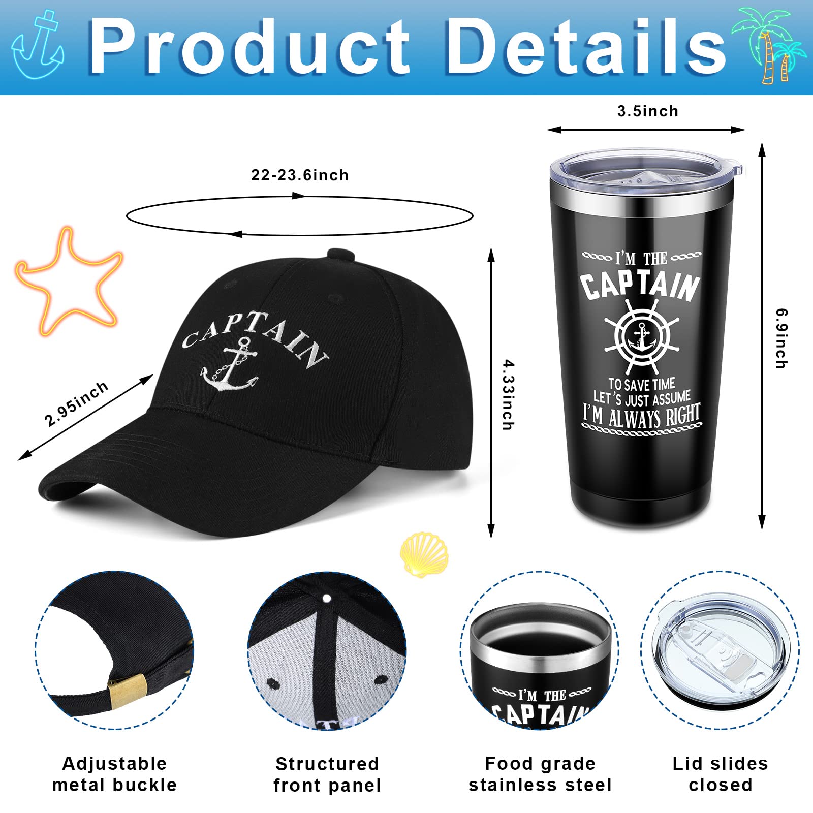 Handepo Boating Accessories Gifts For Men Boat Captain Cap I'M Captain Tumbler Boating Baseball Cap Nautical Cups Stainless Stee