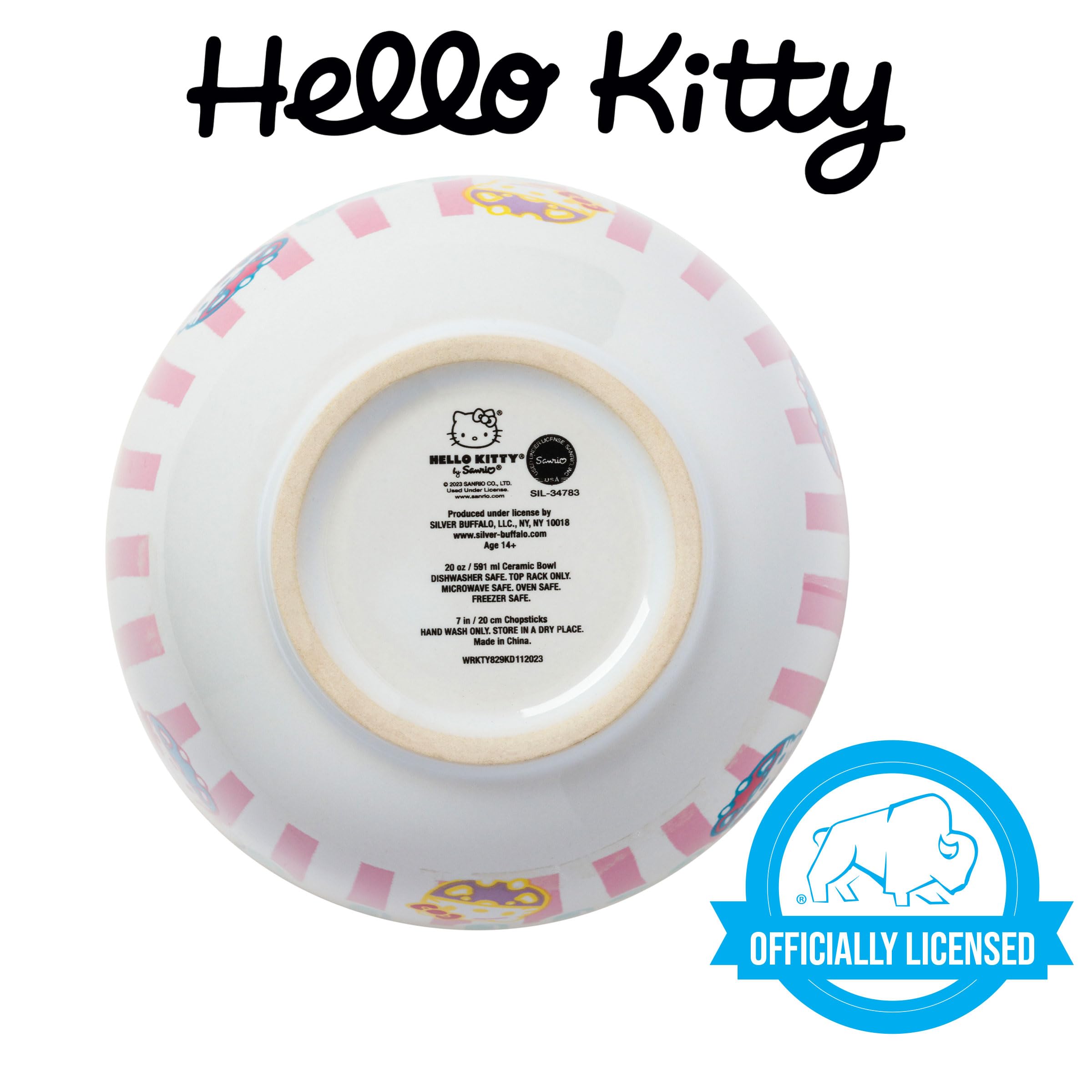 Silver Buffalo Sanrio Hello Kitty Pastel Colored Ceramic Ramen Noodle Rice Bowl With Chopsticks, Microwave Safe, 20 Ounces