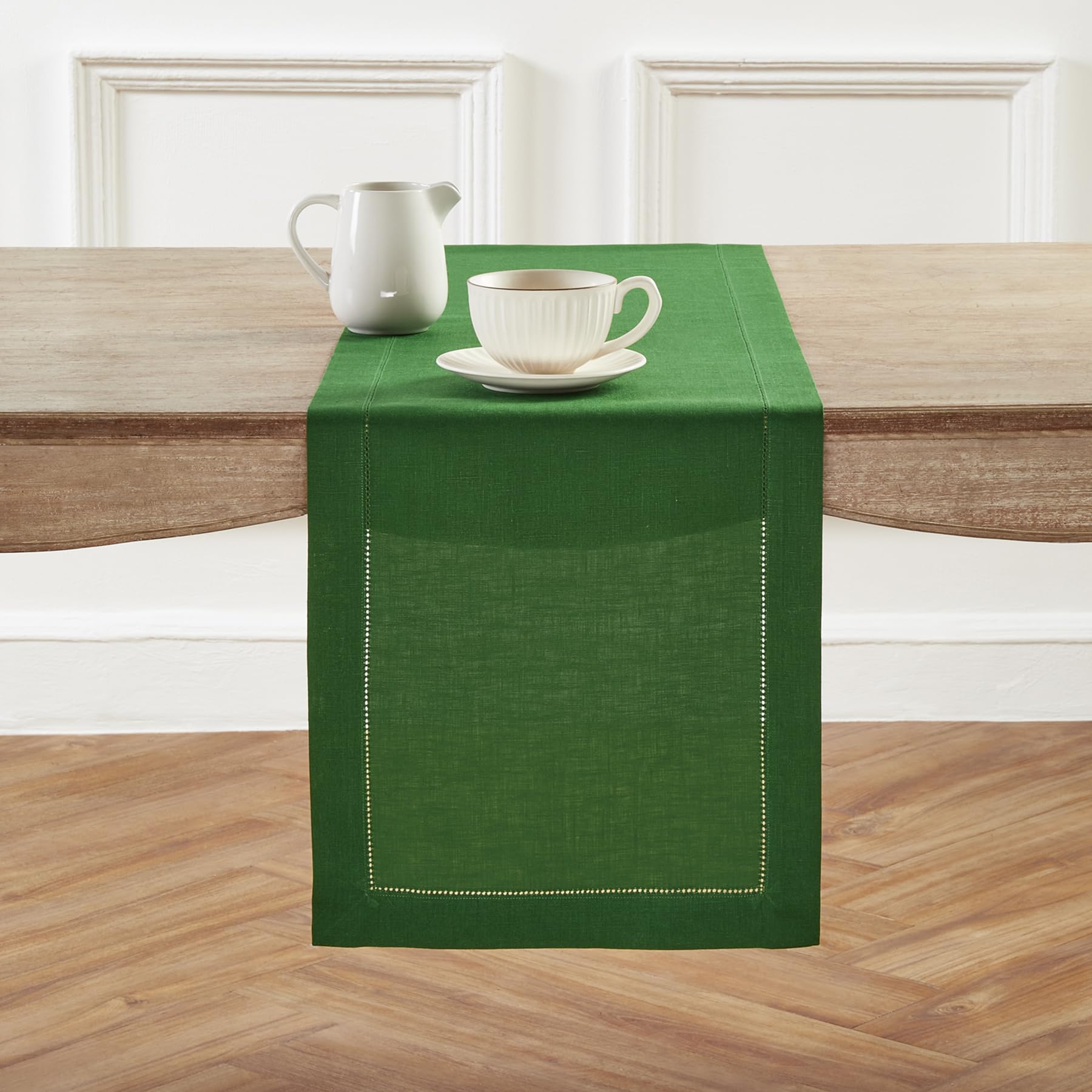 Solino Home Garden Green Linen Table Runner 90 Inches Long - 100% Pure Linen Classic Hemstitch Table Runner 14 X 90 Inch - Machi
