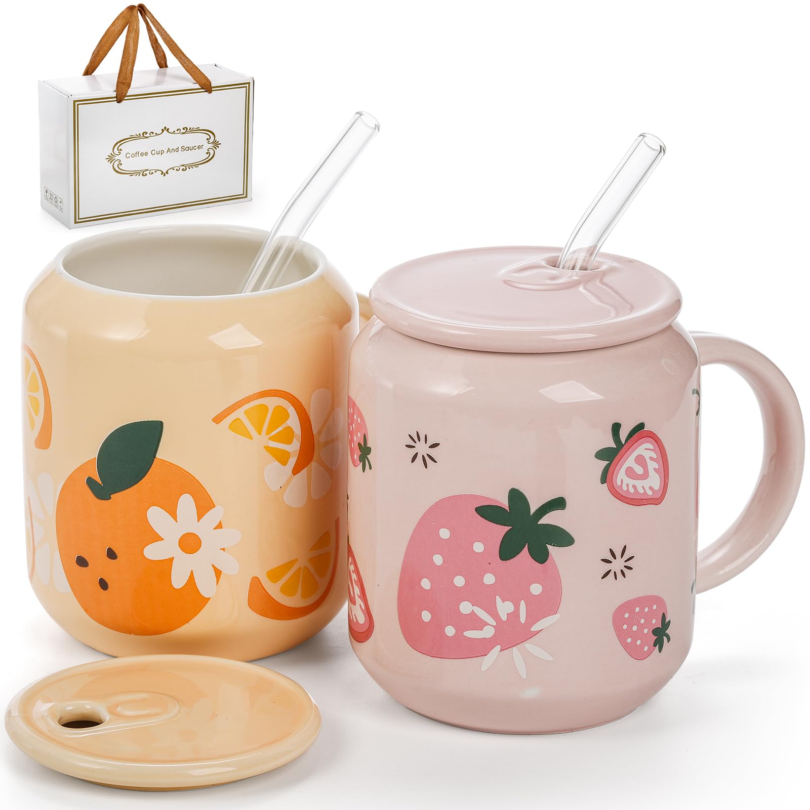 Noamus 2 Pack Cute Ceramic Mugs with Lid and Straw, 13 Oz Fruits Pattern Coffee Cup with Handle, Handmade Strawberry Orange Tea 