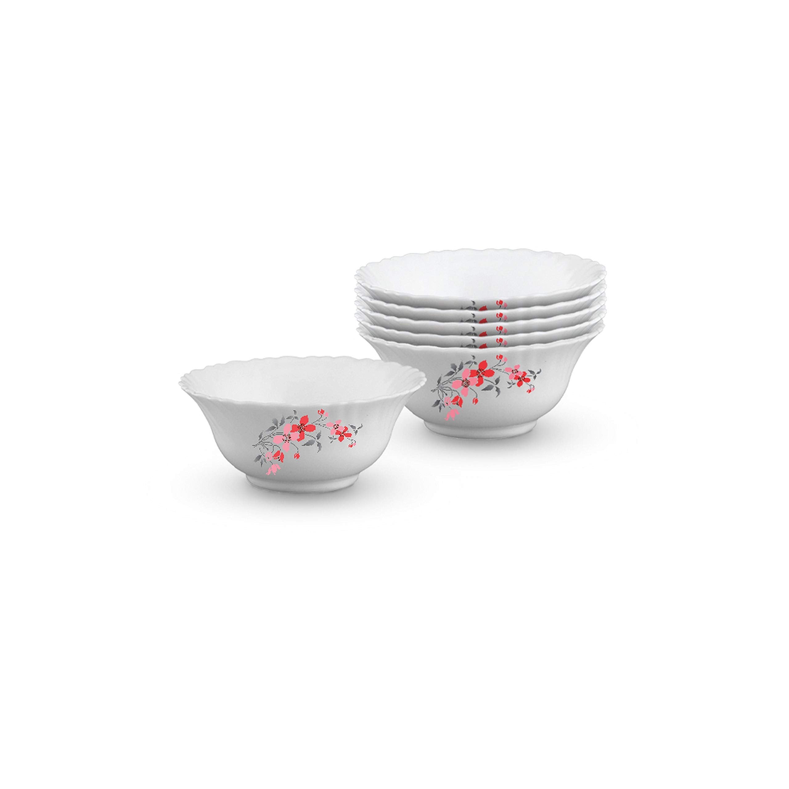 Larah By Borosil Opalware Floral Veg Bowl- Fiore, 4.5 Inch, Set Of 6