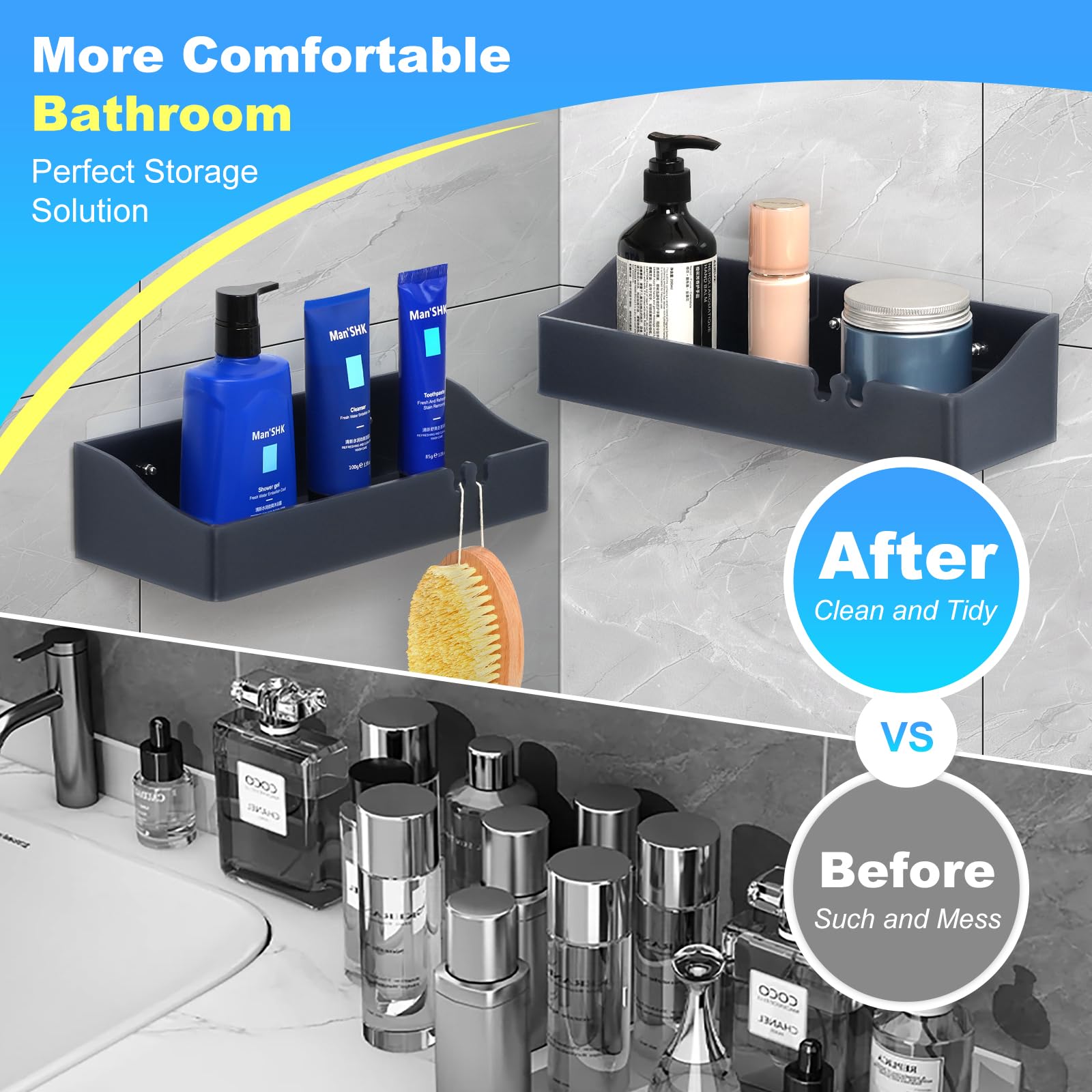 Yawsoup Shower Organizer Acrylic 3 Pack,Acrylic Shower Caddy Adhesive Hanging Shower Shelves Bathroom Caddy Requires No Drill,Su