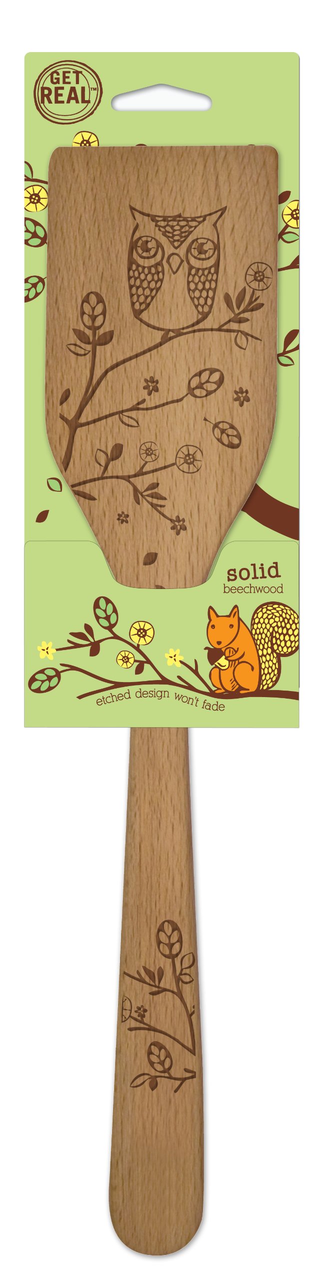 Talisman Designs Laser Etched Beechwood Turner Woodland Owl Design Pan Cooking Turner Cute & Functional Kitchen Tool Decorative