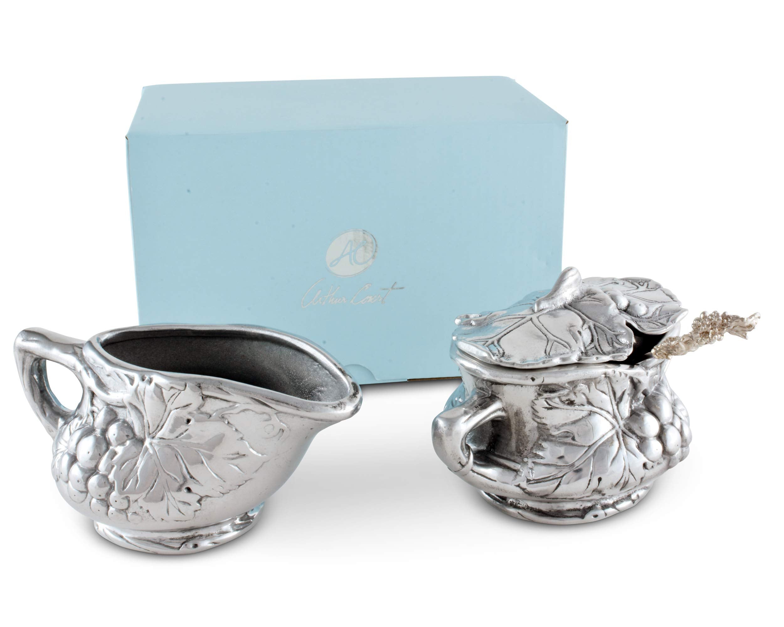 Arthur Court Designs Aluminum Grape Pattern Sugar And Creamer Set Sugar Bowl For Coffee And Tea 5.75 In W X 2.75 In H Creamer: 5