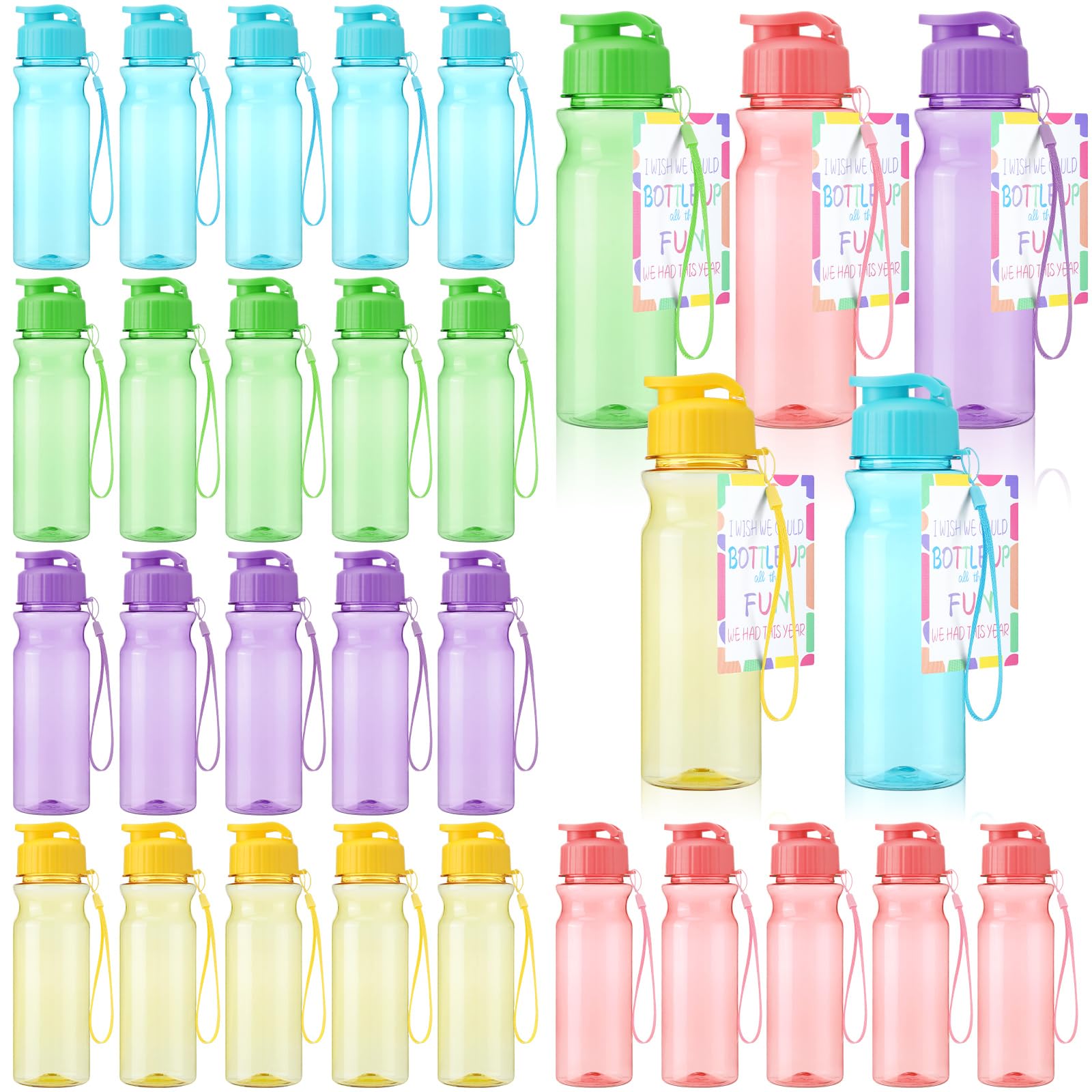 Skybooly 30 Set Sport Water Bottles Bulk End of the Year Gift for Kids 17 oz Colorful Clear Plastic Reusable Water Bottles with 