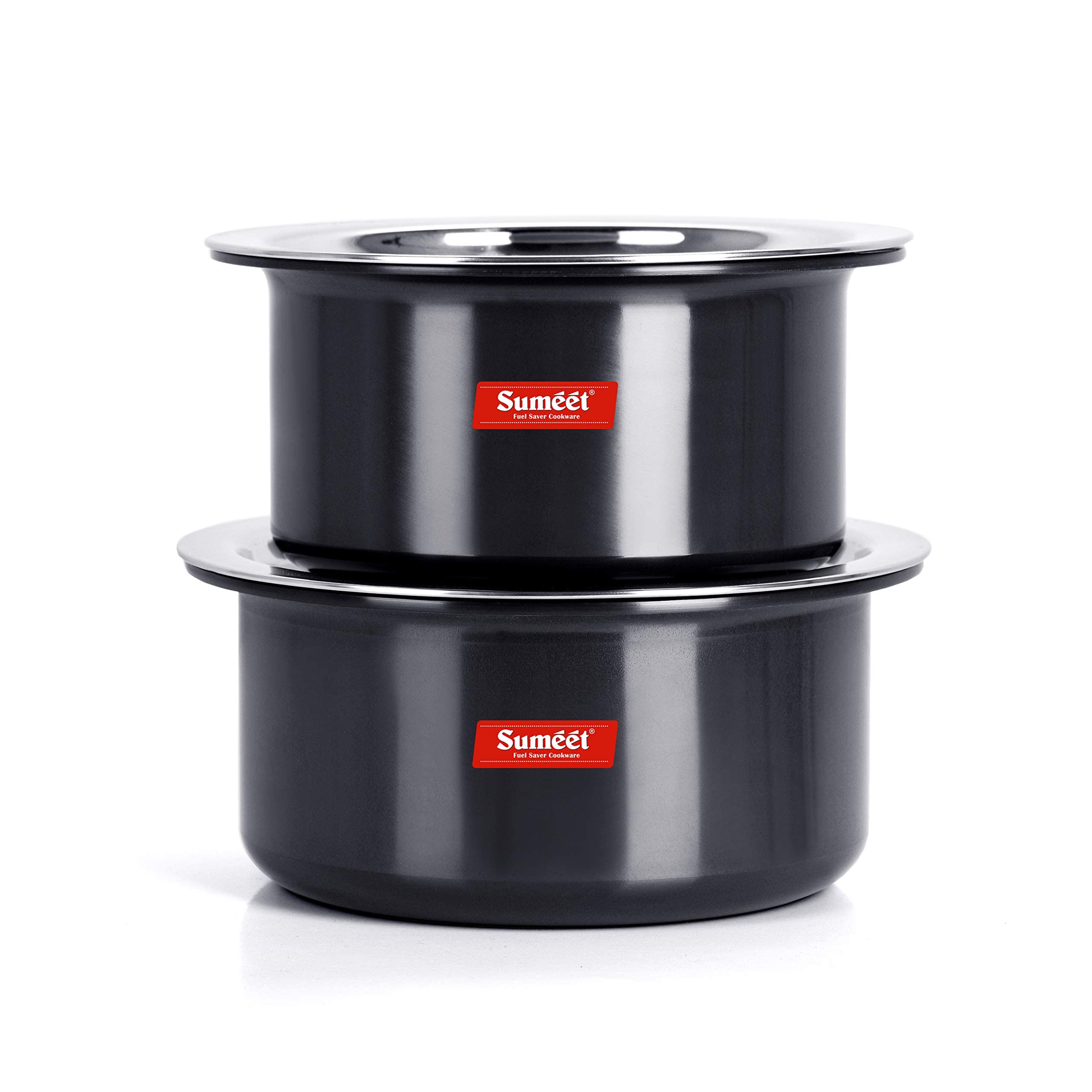 Sumeet Aluminium 3Mm Thick Hard Anodised Non-Stick Tope Set Of 2 Pc With S.S. Lid Size No. 10 (0.9 Liter), No.11 (1.4 Ltr), Blac