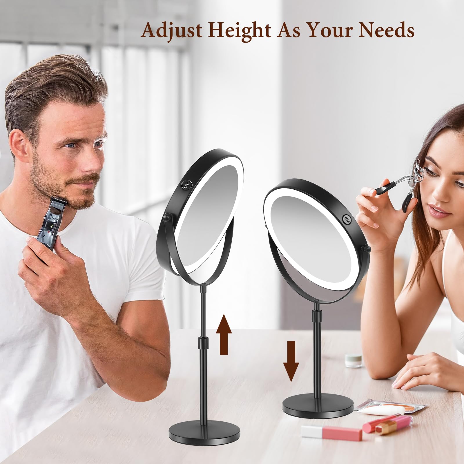 Rndecuck 8'' Lighted Makeup Mirror With Magnification 10X And 3 Color Light 2500Mah Rechargeable Height Adjustable 360 Rotation