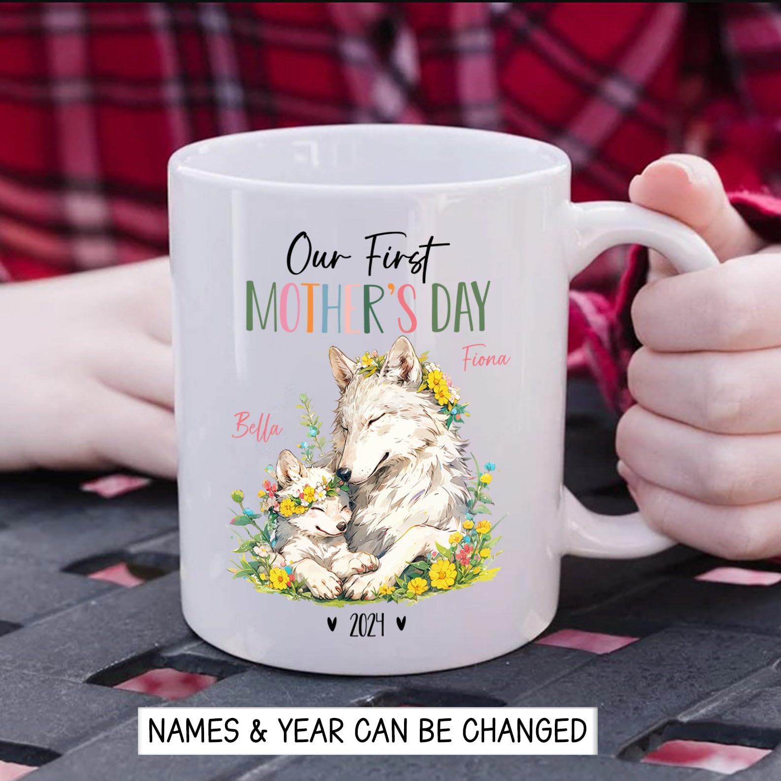 Mother Wolf And Baby Ceramic Cup, Personalized Mom & Baby Wolf Coffee Mug, Wolf Cups For Wildlife Lover, Our First Mothers Day M