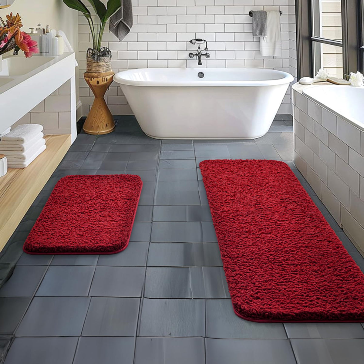 Miulee Christmas Red Microfiber Bathroom Rugs And Mats Sets 2 Pieces Extra Thick Non Slip Bath Mat Absorbent Soft Shaggy Washabl