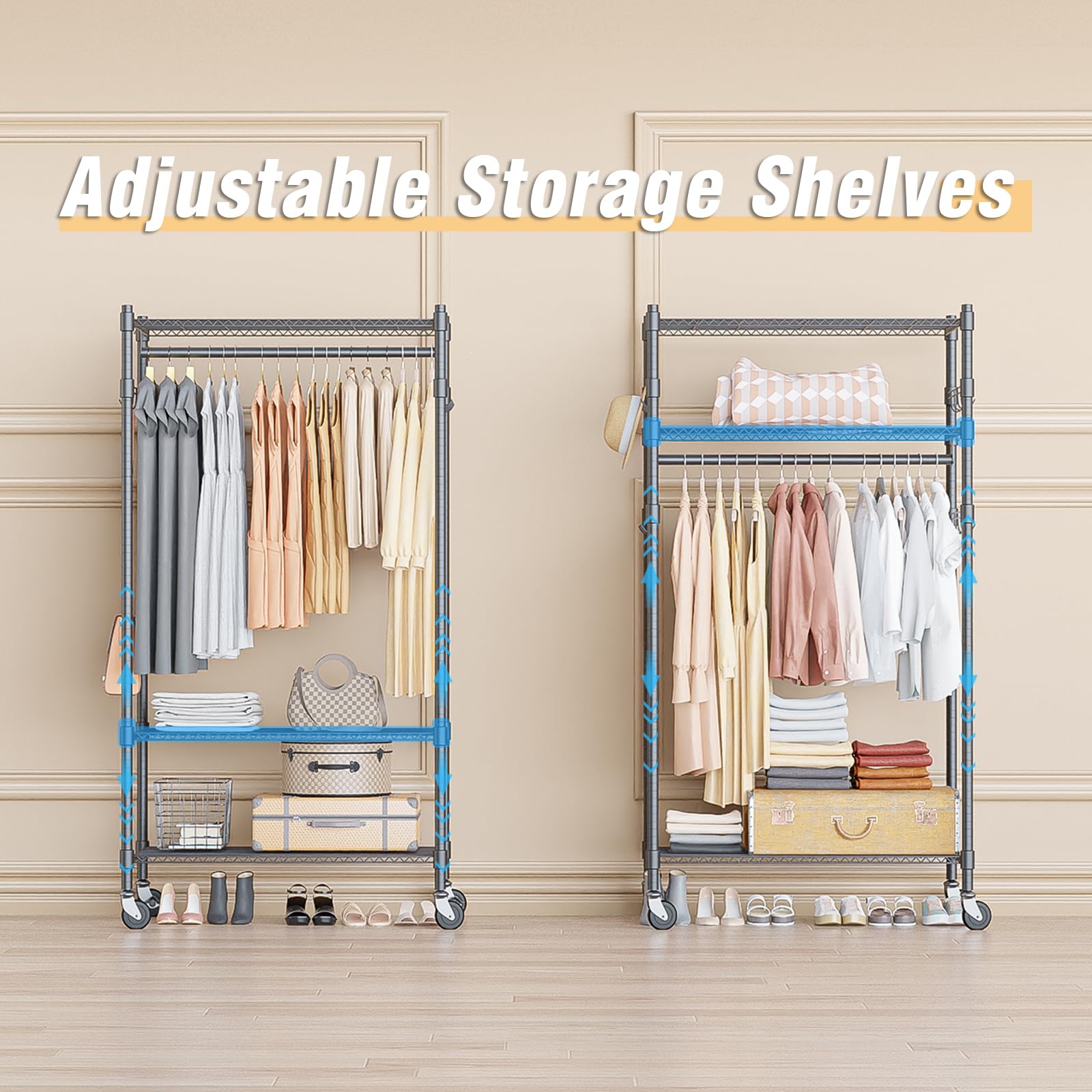 Homdox Garment Rack Heavy Duty, 3 Tier Rolling Clothing Racks For Hanging Clothes, Metal Wardrobe Closet, Free-Standing Clothes