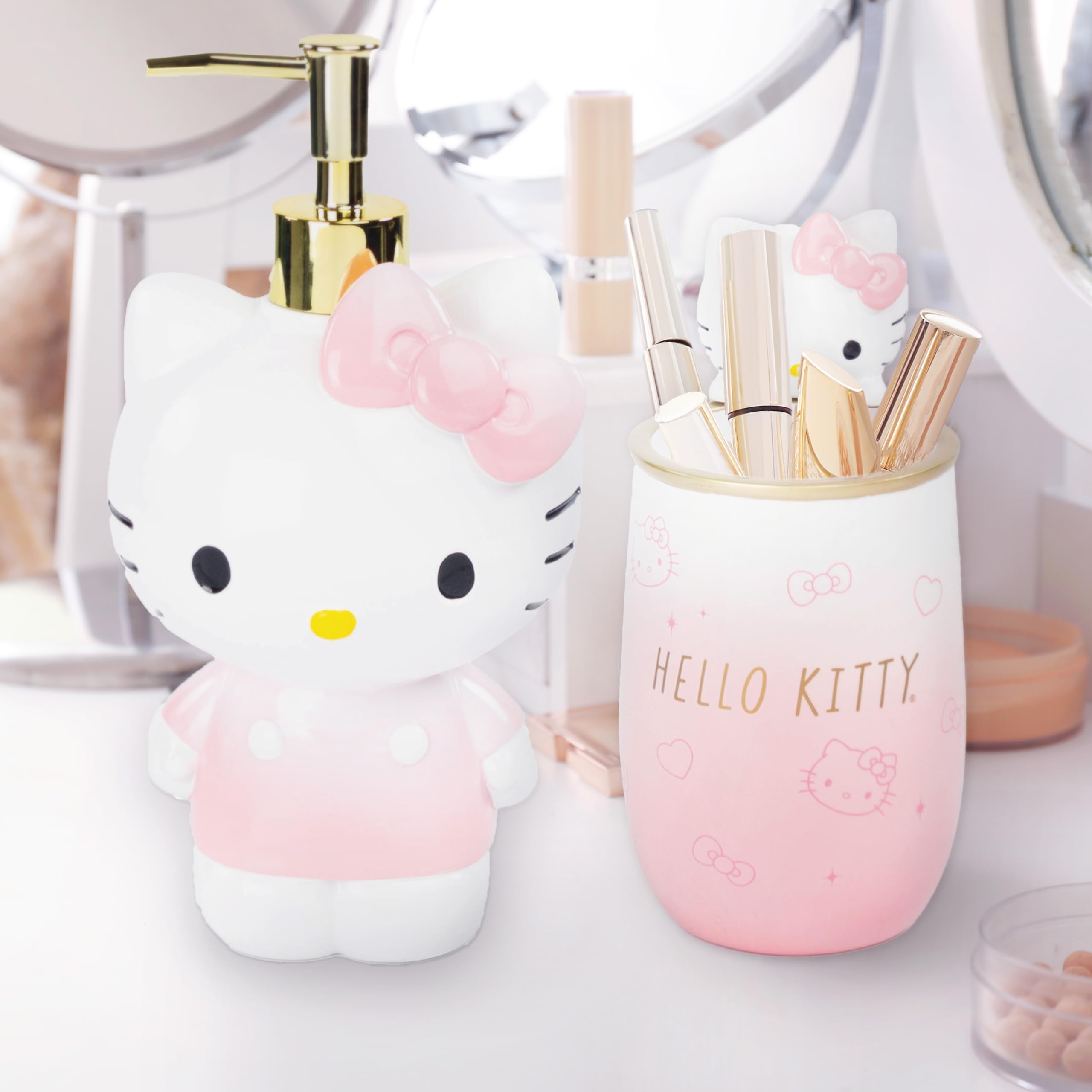 Hello Kitty Tumbler And Soap Dispenser Set - 2 Piece Pink Collection Includes Resin Lotion Pump And Tumbler Cup - Bathroom D  Co