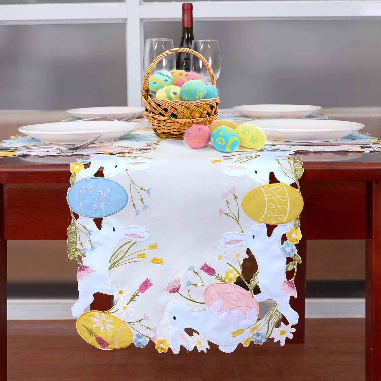 Simhomsen Embroidered Colorful Eggs And Bunny Table Runners Dresser Scarf For Easter Holiday Or Spring Season (14 X 53 Inches)