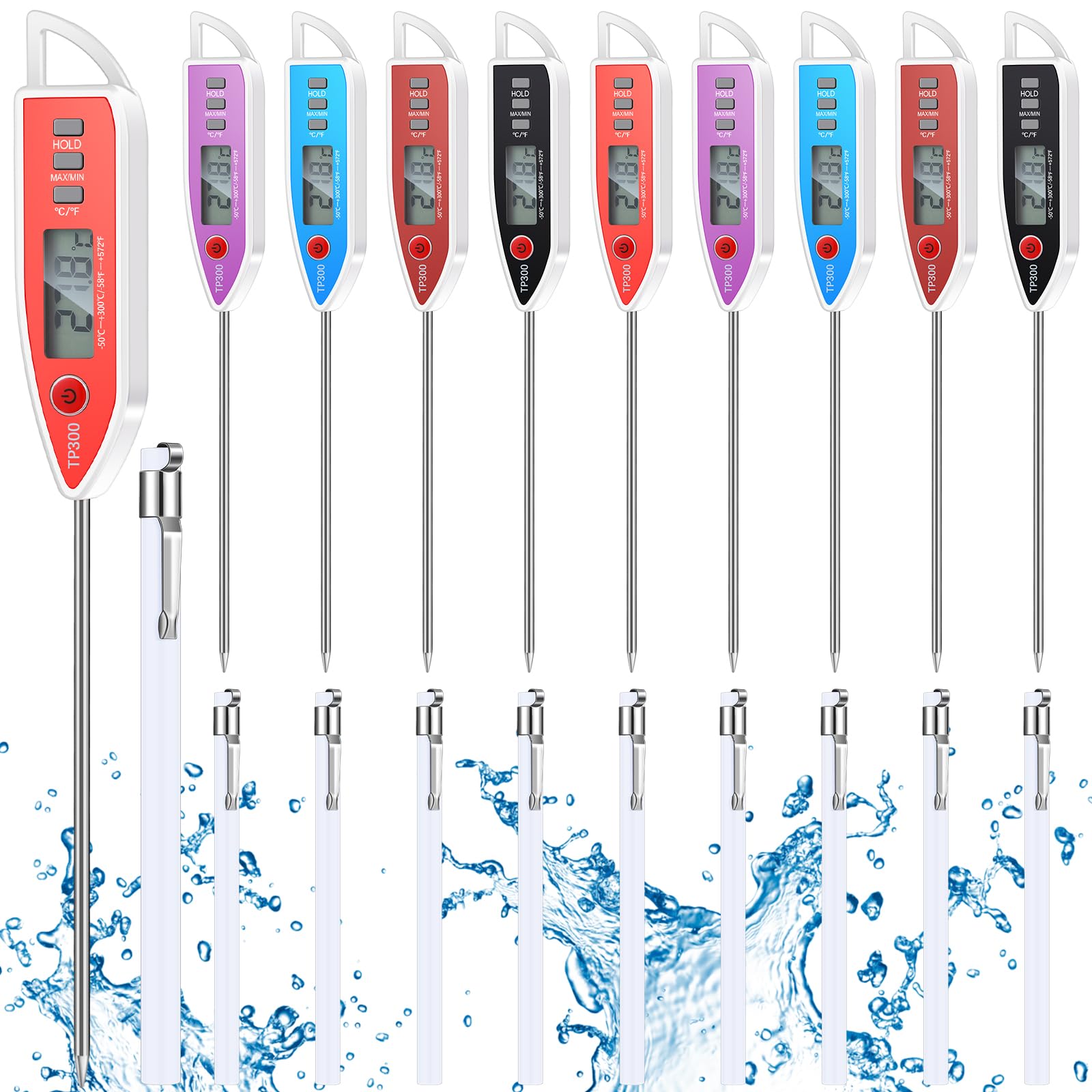 Copkim 10 Set Waterproof Food Thermometer for Water, Liquid, Candle and Cooking Digital Meat Thermometer with Long Probe Instant