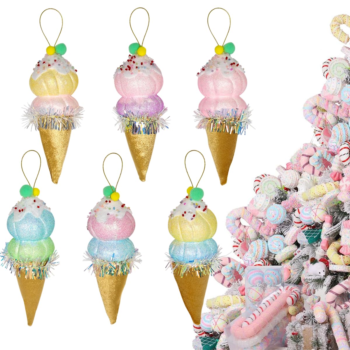 LANGXUN 6pcs Ice Cream Candy Land 2025 Xmas Birthday Party Suppiles Decoration, Hanging Candy Cane Christmas Tree D  cor, Christ