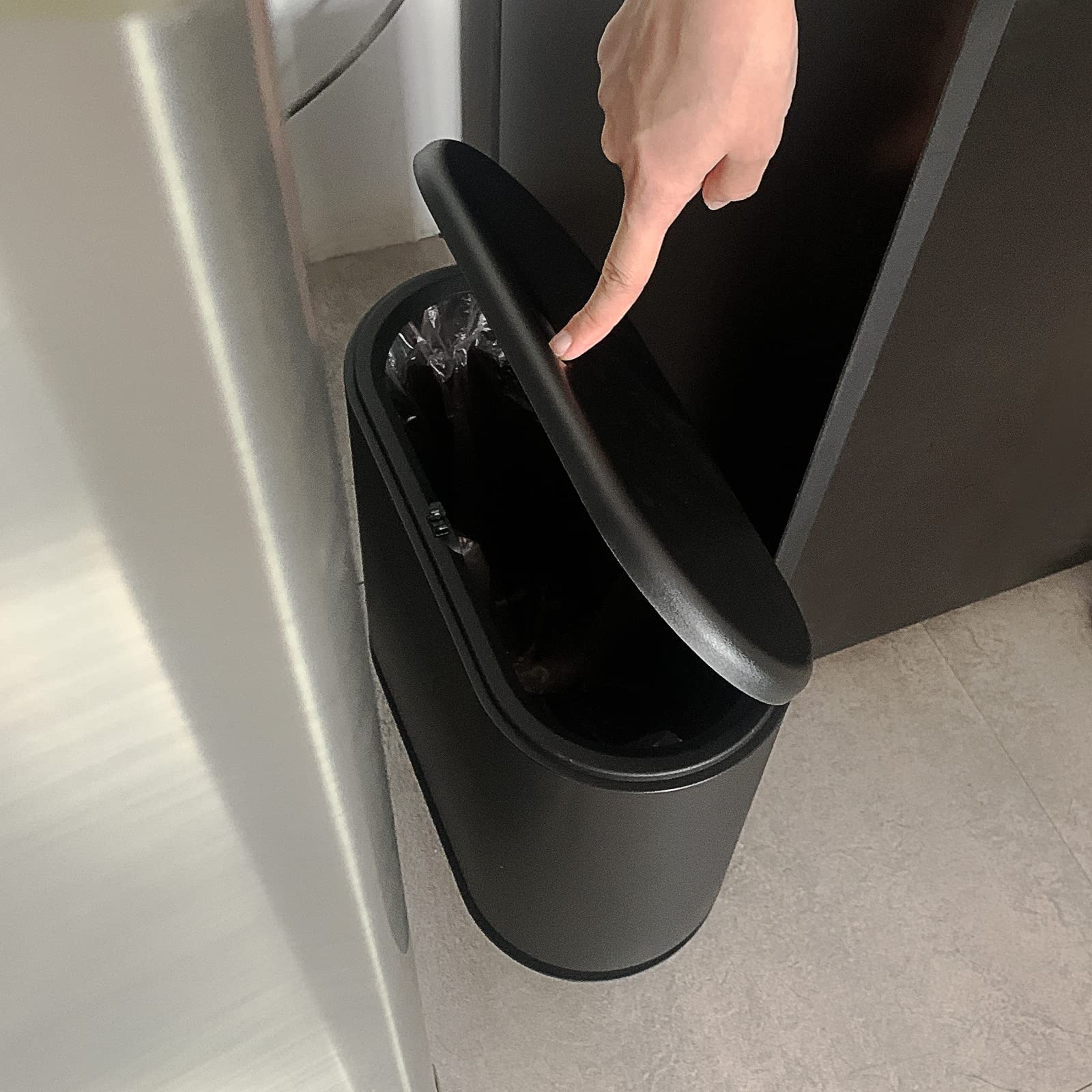 Pengke Slim Plastic Trash Can,2.7 Gallon Garbage Can With Press Top Lid,Black Modern Waste Basket For Bathroom,Living Room,Offic