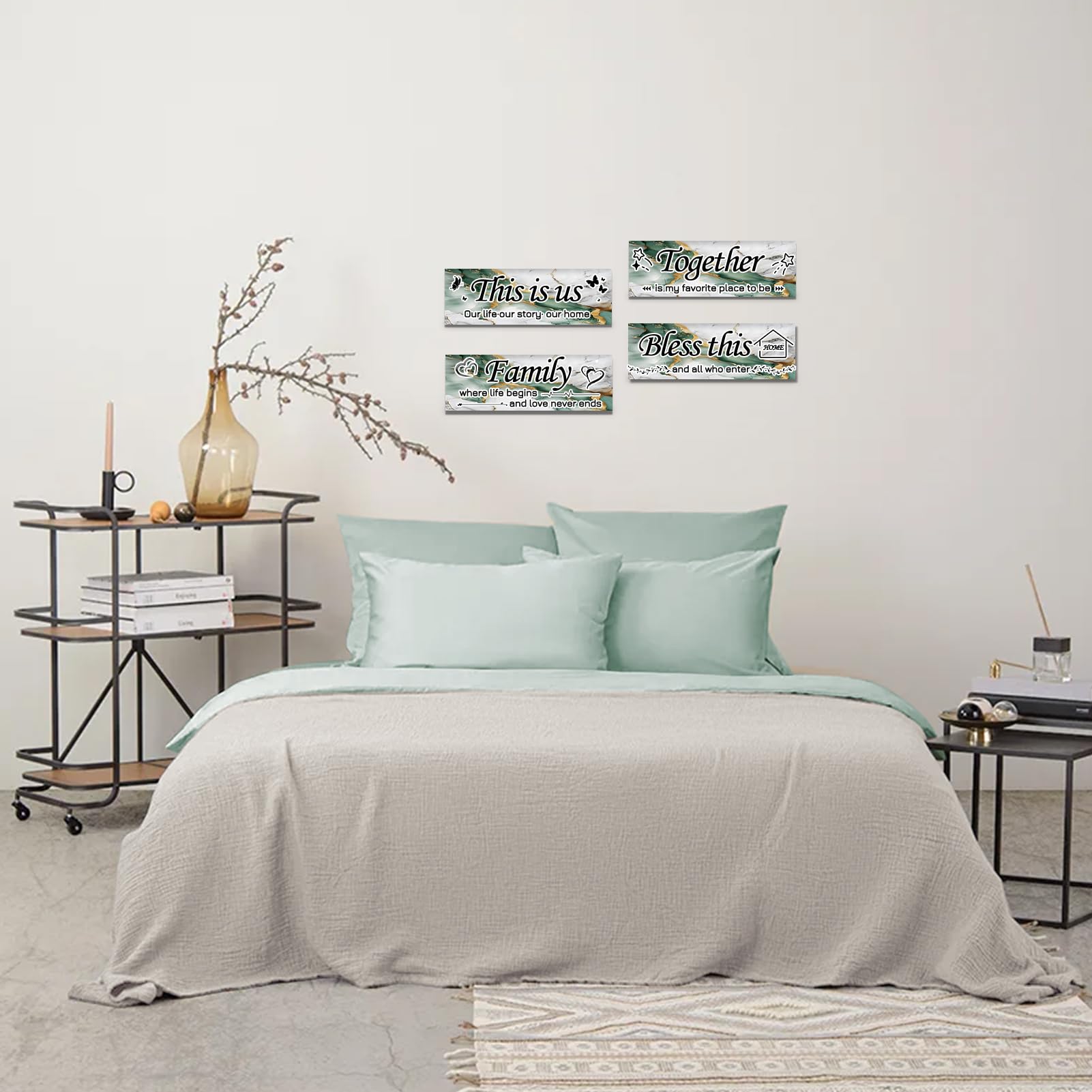 Lnond 4 Pieces Green white black Marble Living Room Wall Decor, Motivational Home Family Rustic Wall Art Decor for Bedroom Livin
