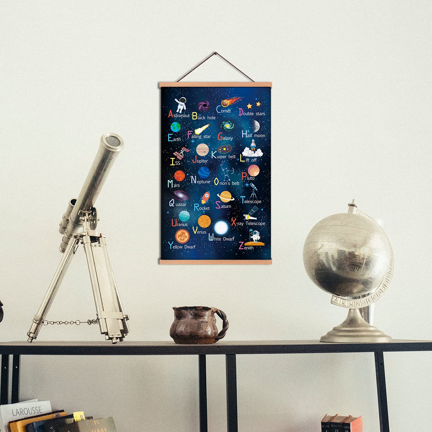 Kairne Outer Space Art Print With Wood Magnetic Poster Hanger Frame, Astronomy Alphabet Letters Canvas Wall Art,Abstract Univers