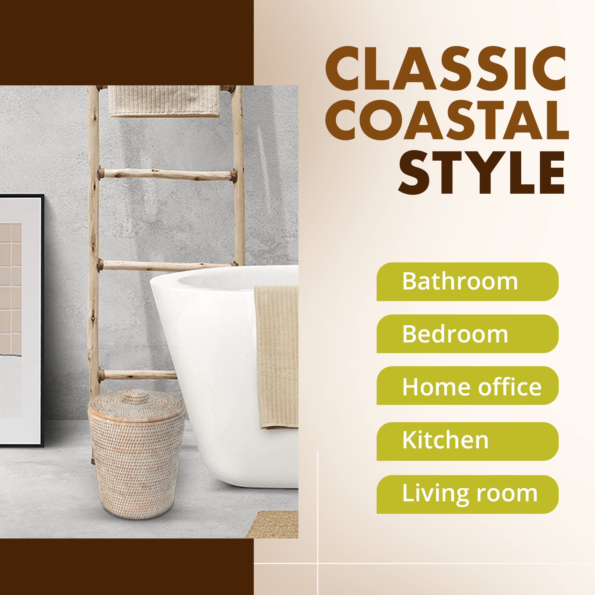 Kouboo La Jolla Rattan Round Waste Basket With Lid & Plastic Insert, 2 Gallon Woven Wastebasket For Bathroom, Kitchen, Office, L