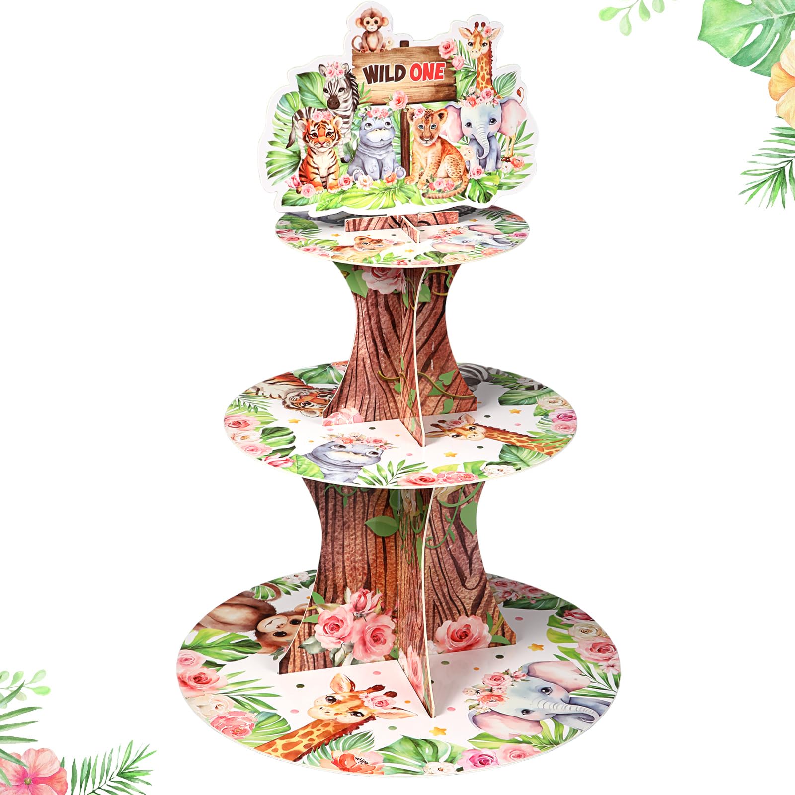 Zopeal Wild One Cupcake Stand Baby Shower Decorations Jungle Animal Birthday Cupcake Holder 3 Tiers Pink Floral Dessert Tower fo
