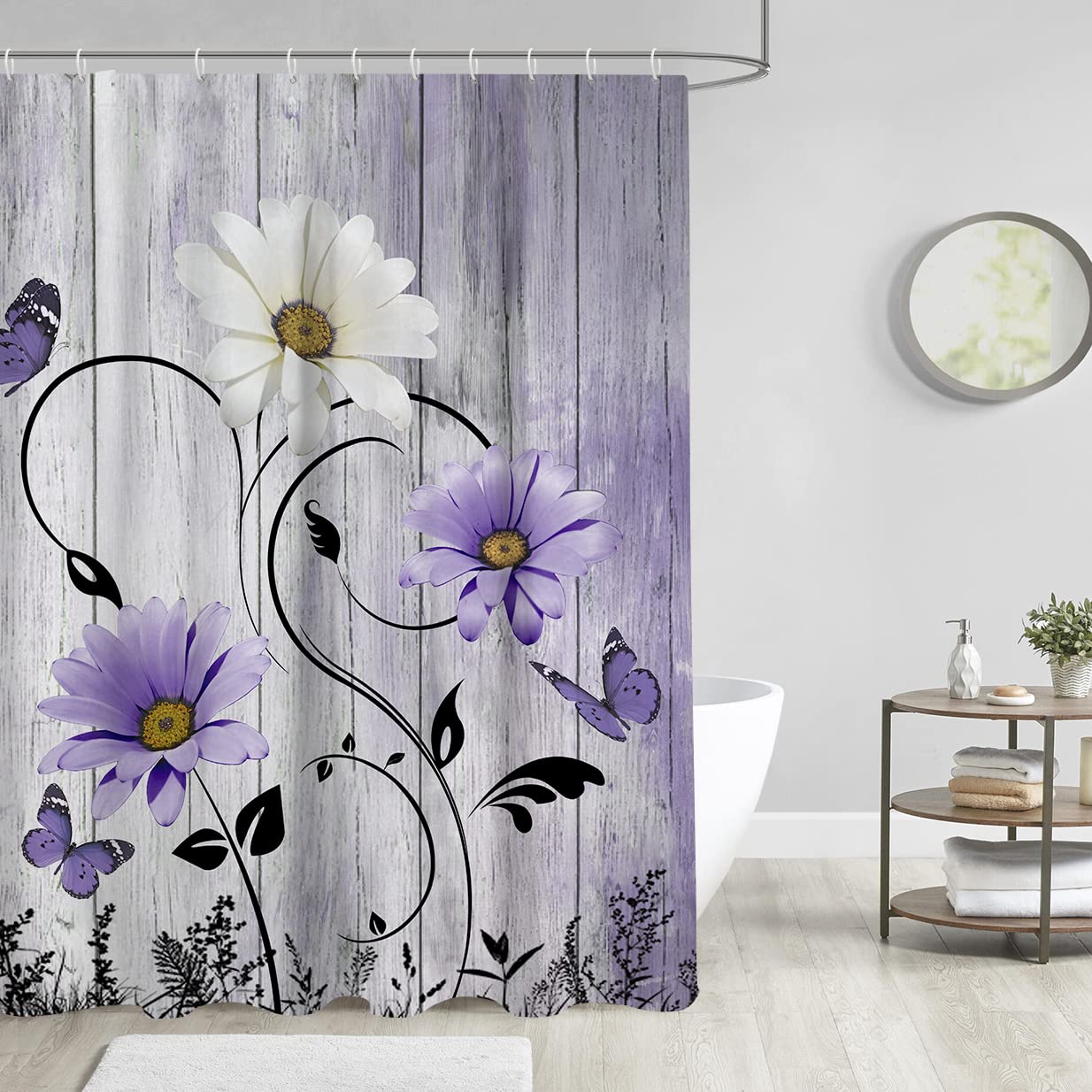 Aatter Purple Flowers Shower Curtain Rustic Floral Lavender Lilac Boho White Daisy Black Leaves Spring Butterfly Grey Gray Count