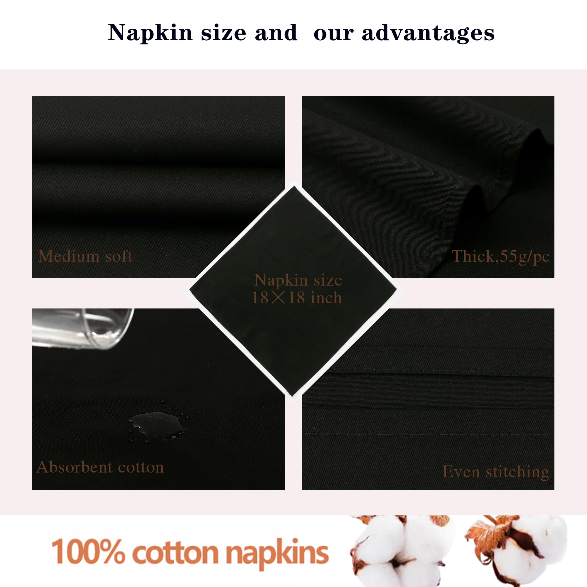 Koffota Black Cloth Napkins Set Of 6,100% Cotton Napkins,18 X18 Inch,Black Kitchen Napkins For Dinner, Washable,Soft,Thcik(Jet B
