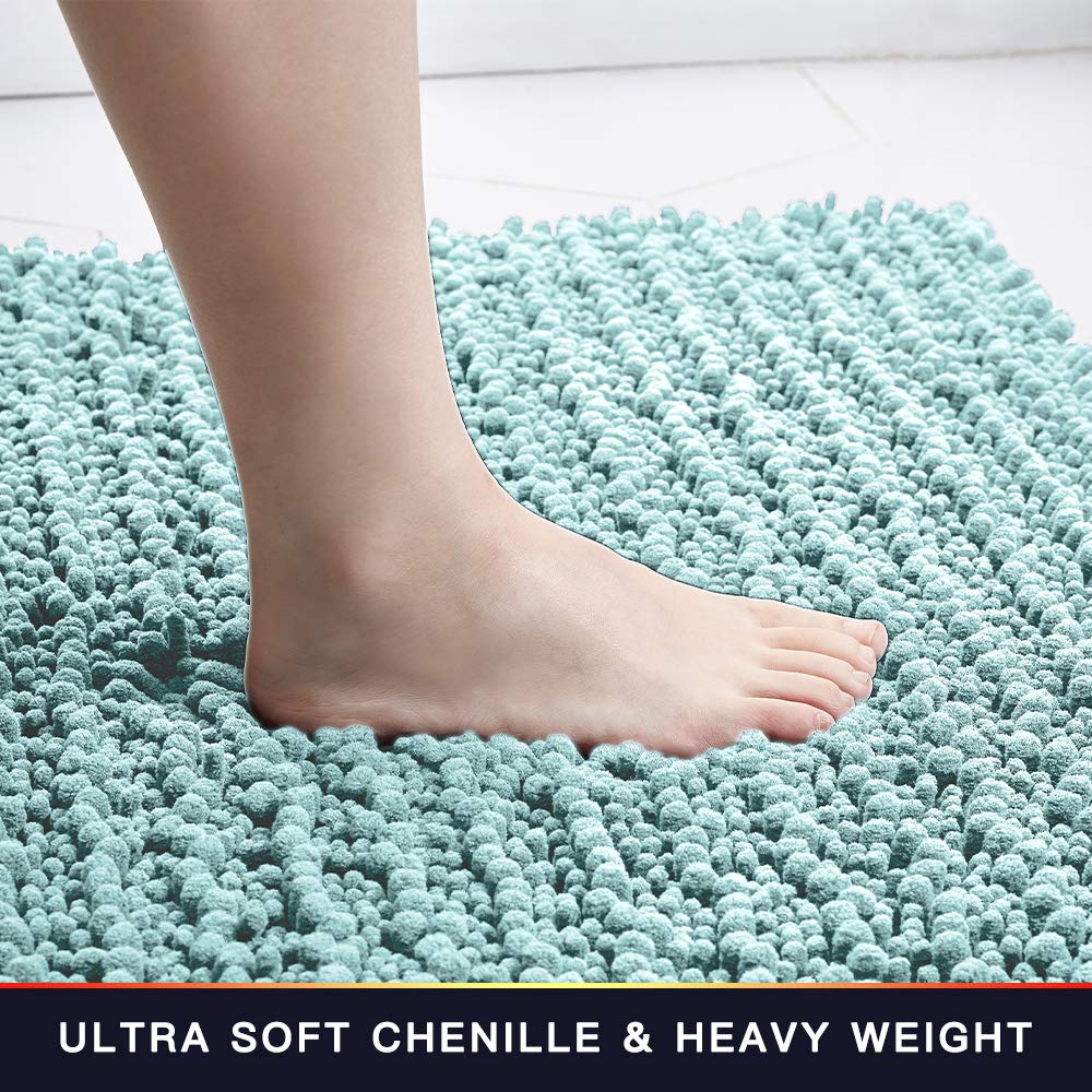 Walensee Bathroom Rug 2 Pieces Set Non Slip Bath Mat (17X24 Plus 20X32 Inch Spa Blue) Water Absorbent Super Soft Shaggy Chenille
