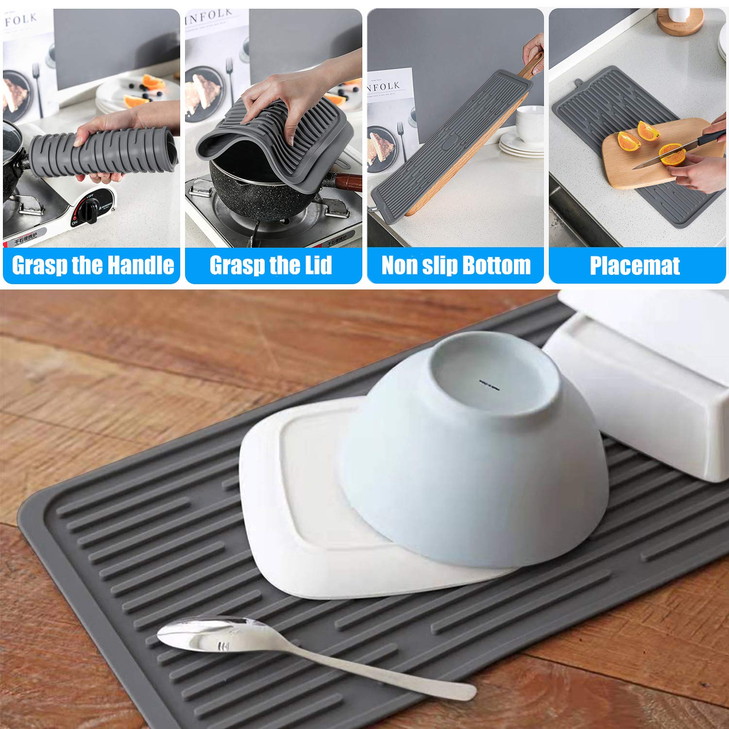 Silicone Dish Drying Mat 18   X8   , Heat Resistant Trivets For Kitchen Counter, Draining Mat, Sink Mat, Hot Pads For Multiple U