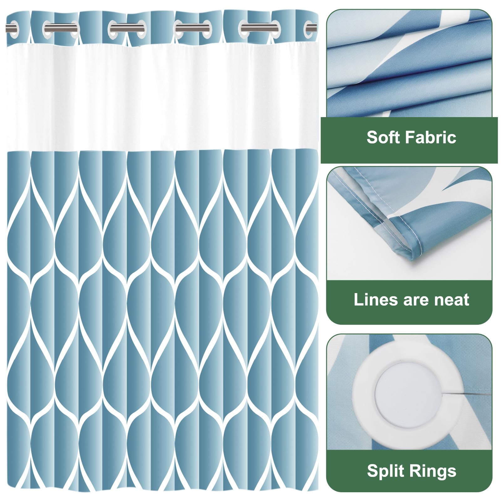 Yiatn No Hook Moonlight Blue Shower Curtain With Snap In Fabric Liner Set - Hotel Style With See Through Mesh Top Window, Modern