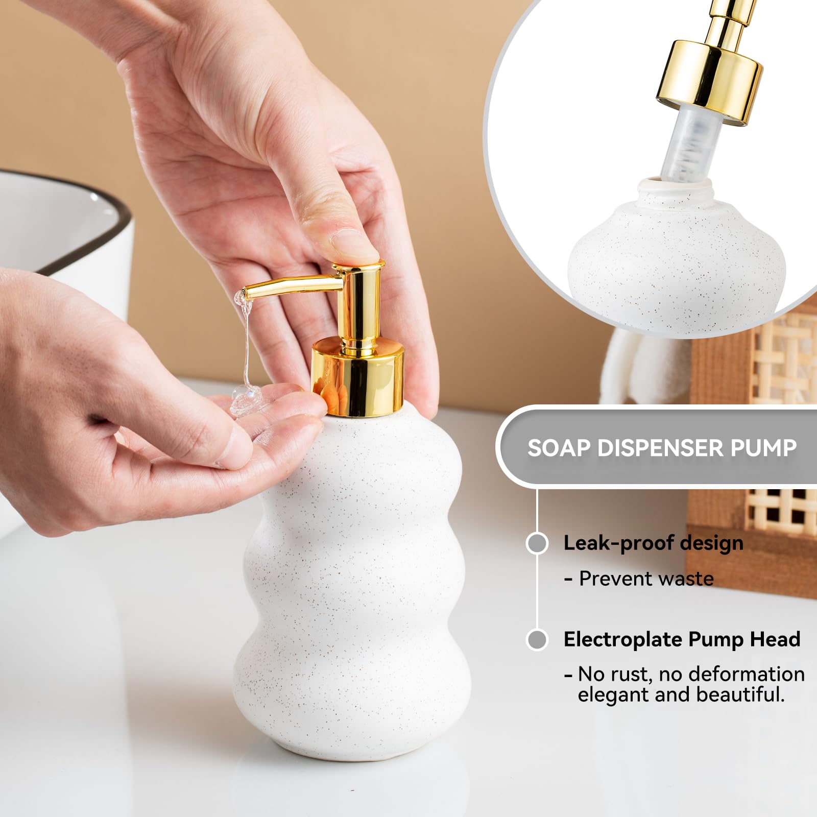 3-Piece Ceramic Bathroom Accessories Set With Sand Point Glaze Design - Tray, Lotion Dispenser, And Tumbler - Bring Nature To Yo