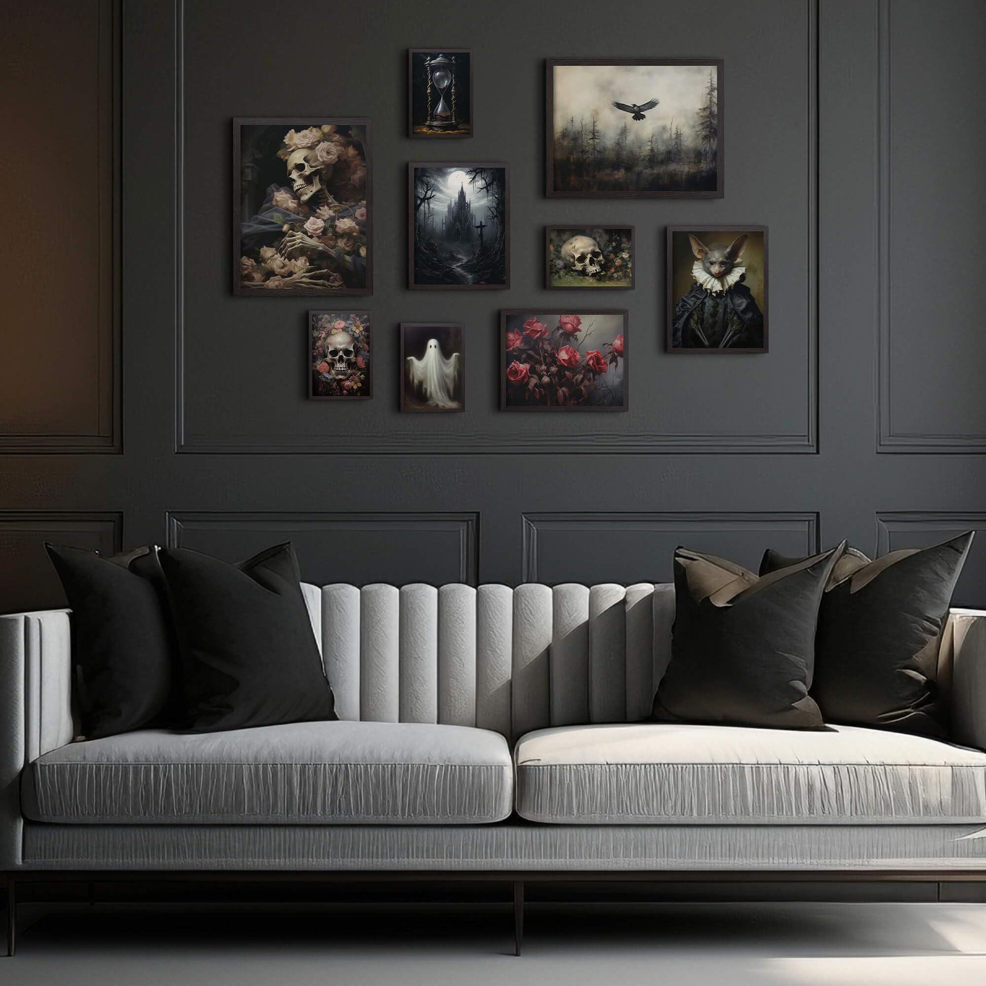 Putuo Decor Gothic Skull Wall Decor, 9Pcs Gothic Dark Academia Wall Art, Floral Rose Skeleton Ghost Wall Art, Scary Creepy Print