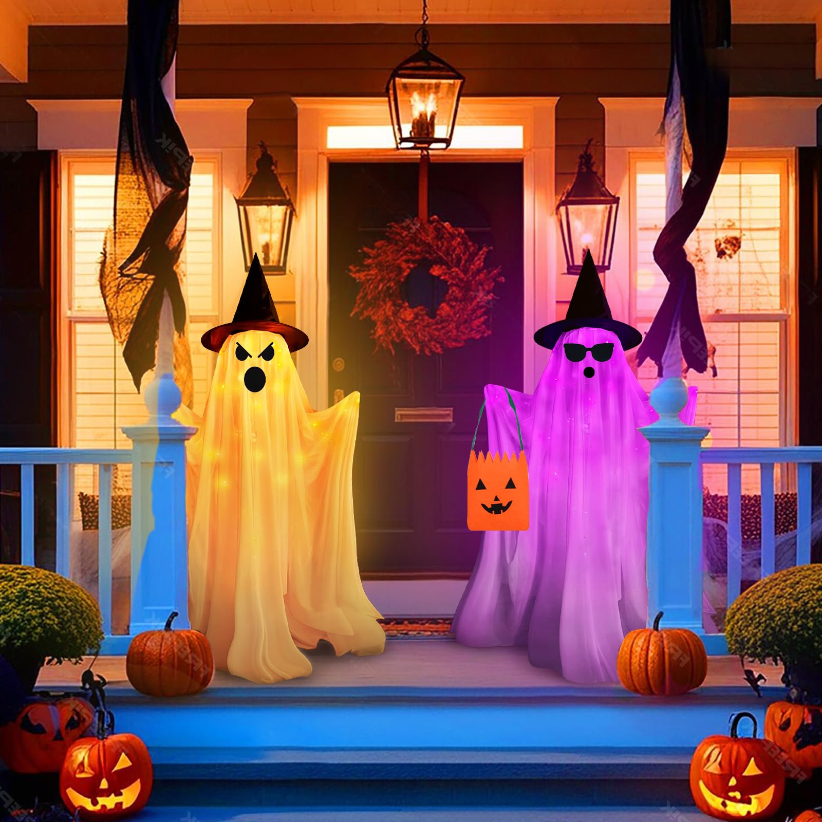 Halloween Decorations Outdoor Indoor- 2 Packs Large Light Up Ghost, Standing Ghost Decor with Weight Bags, 8 Modes Remote Ghost