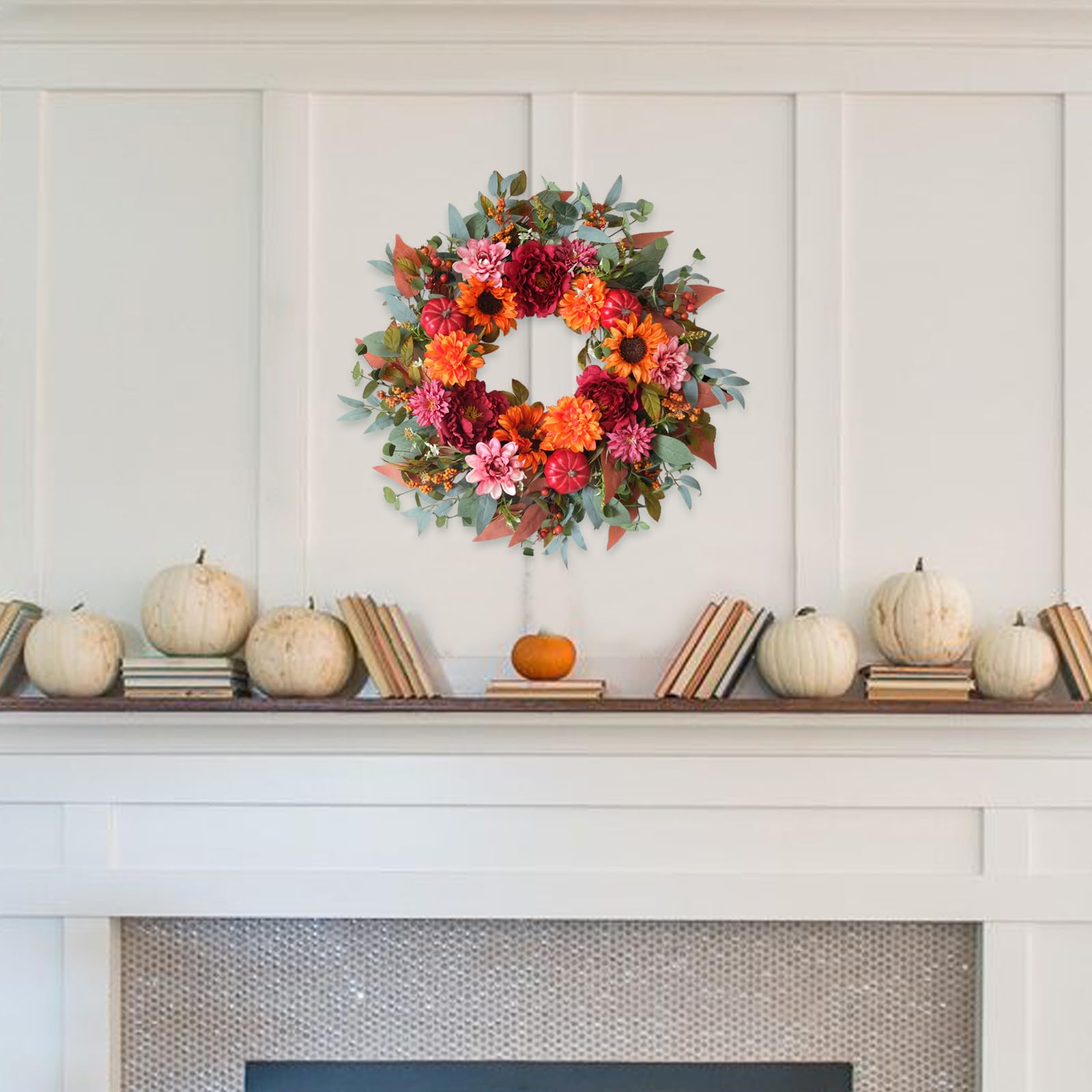 Egolot 24 Inch Fall Sunflower Peony Pumpkin Wreath for Front Door, Fall Thanksgiving Eucalyptus Boxwood Floral Wreaths for Indoo