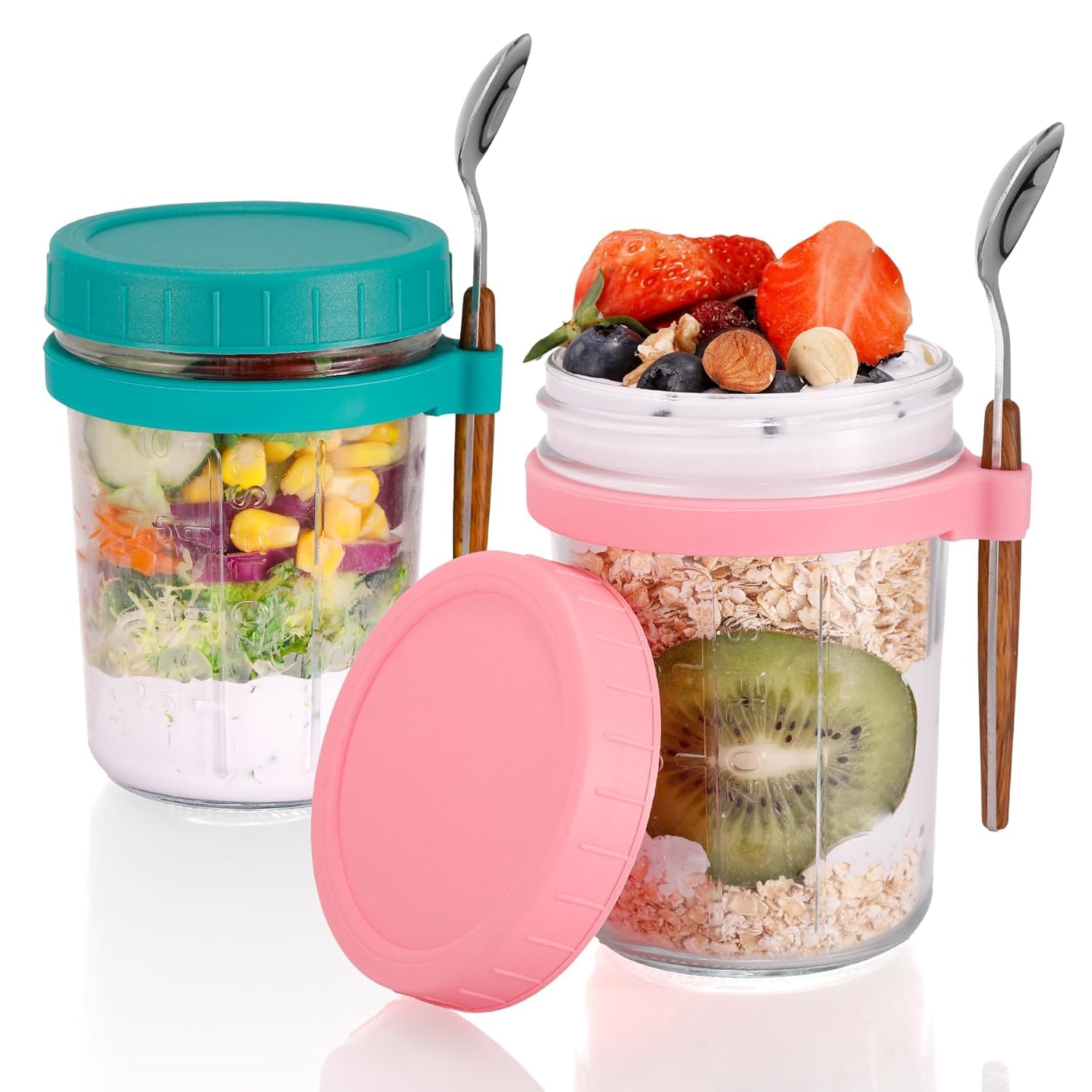 Overnight Oats Container Set Of 2, 16 Oz Glass Mason Jars With Airtight Screw Lid, Spoon Holder & Stainless Steel Spoon, Reusabl