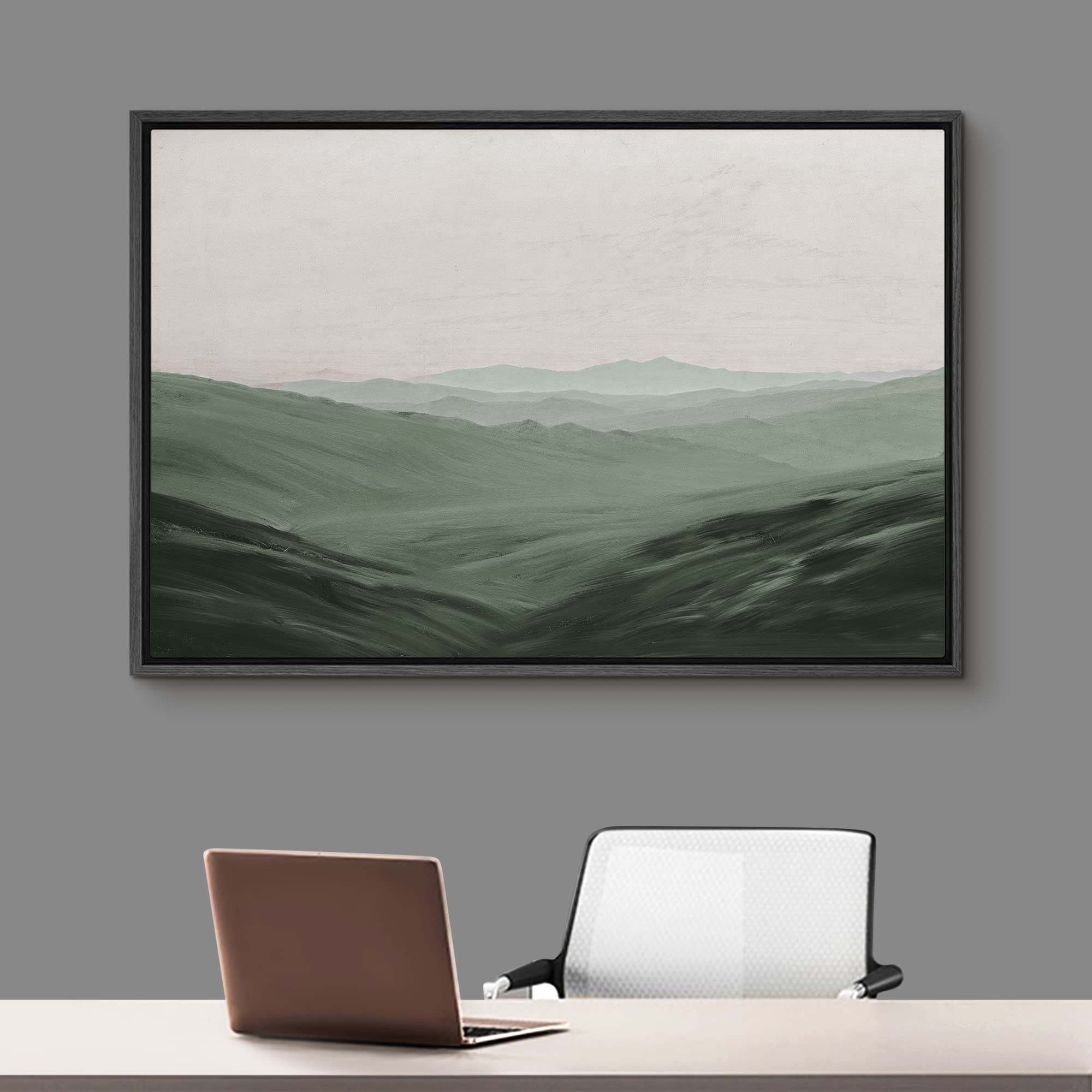 Signford Framed Canvas Wall Art Monochromatic Green Mountains And Valleys Landscape Wilderness Oil Painting Impressionism Tradit